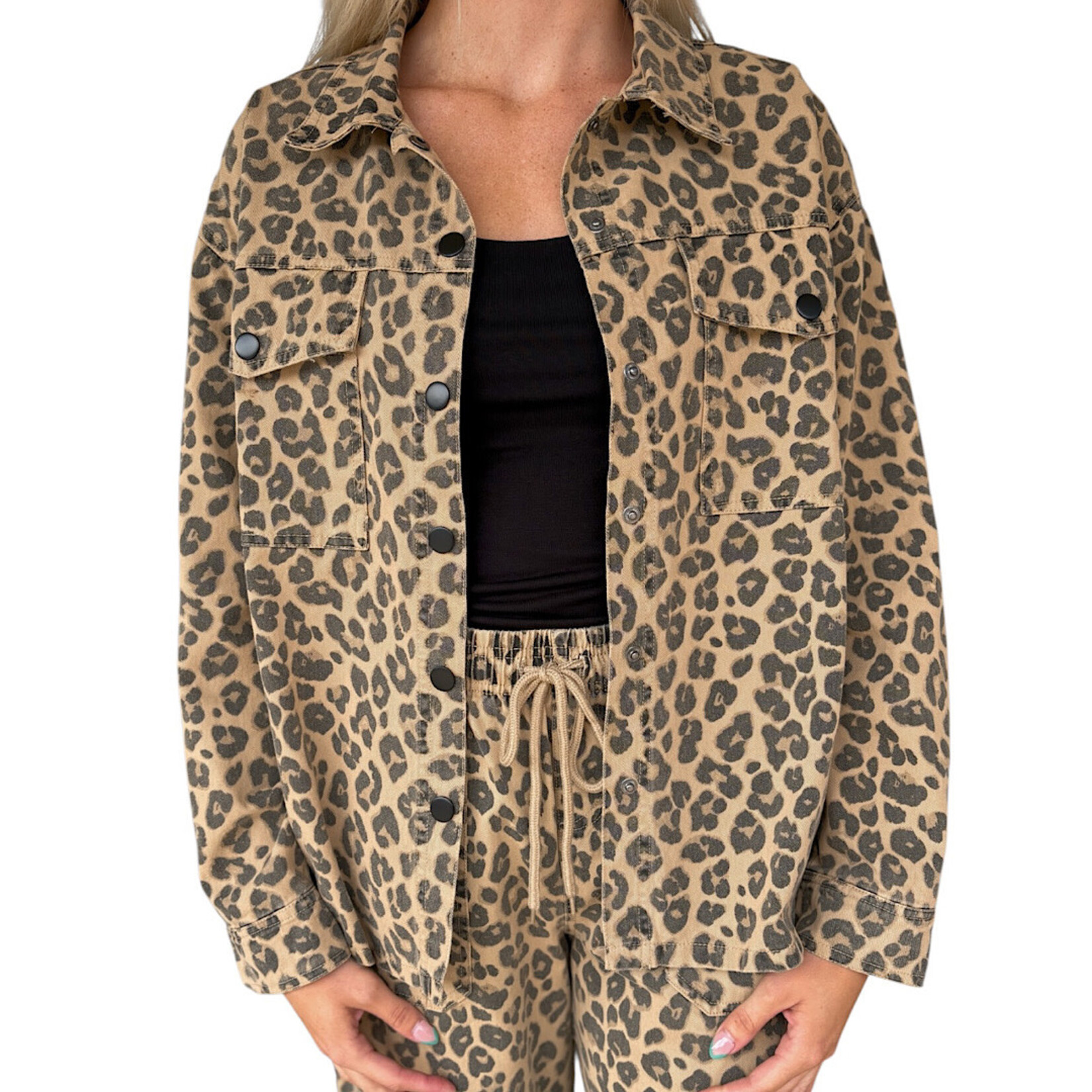 Brown Leopard Print Collared Button Down Jacket