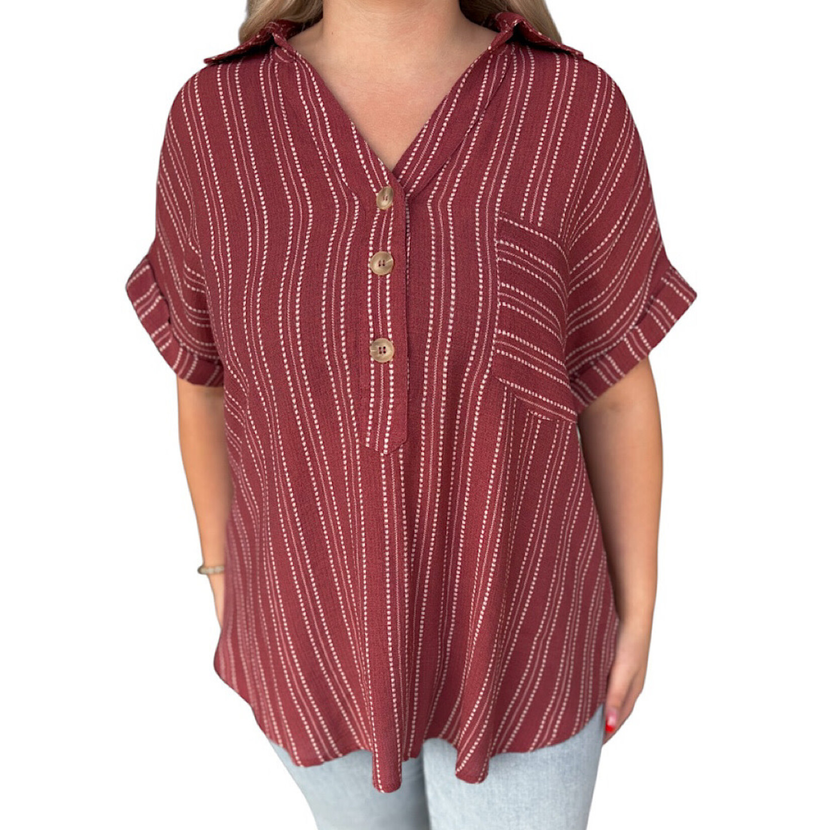 Plus Burgundy Stripe Half Button Collared Short Sleeve Top
