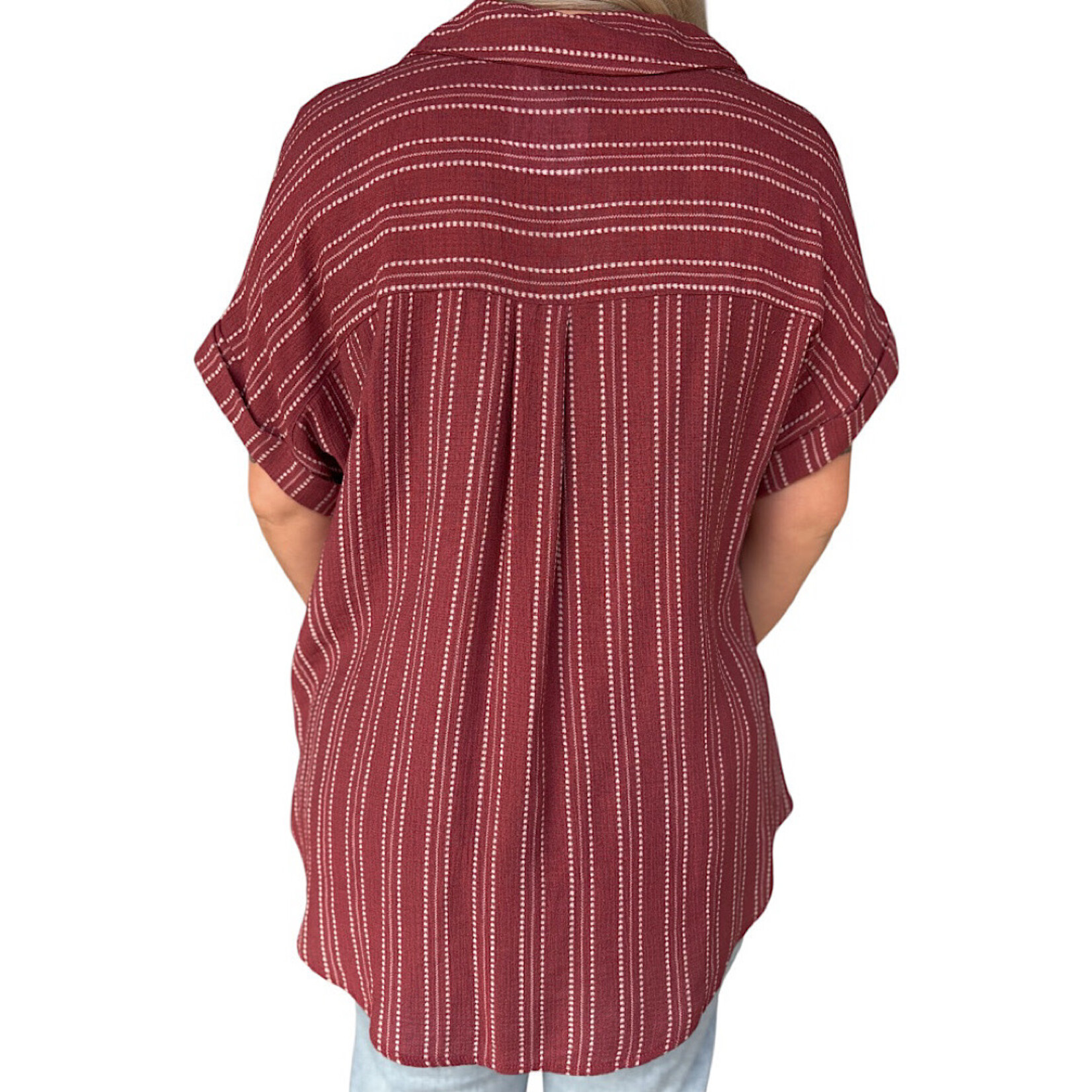 Plus Burgundy Stripe Half Button Collared Short Sleeve Top