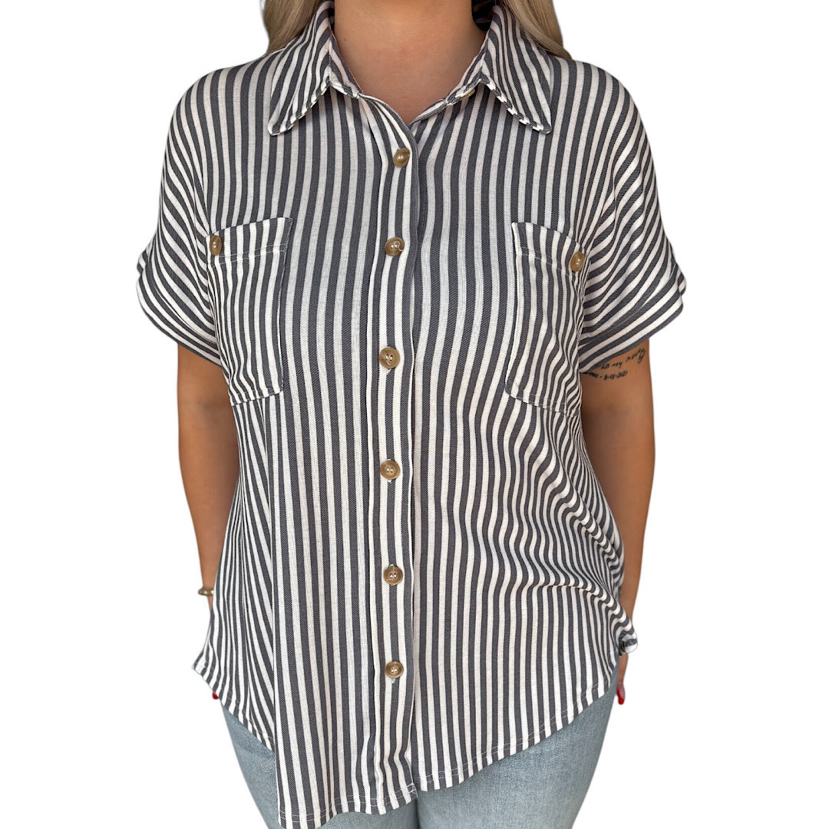 Plus Charcoal Stripe Collared Short Sleeve Button Down Top