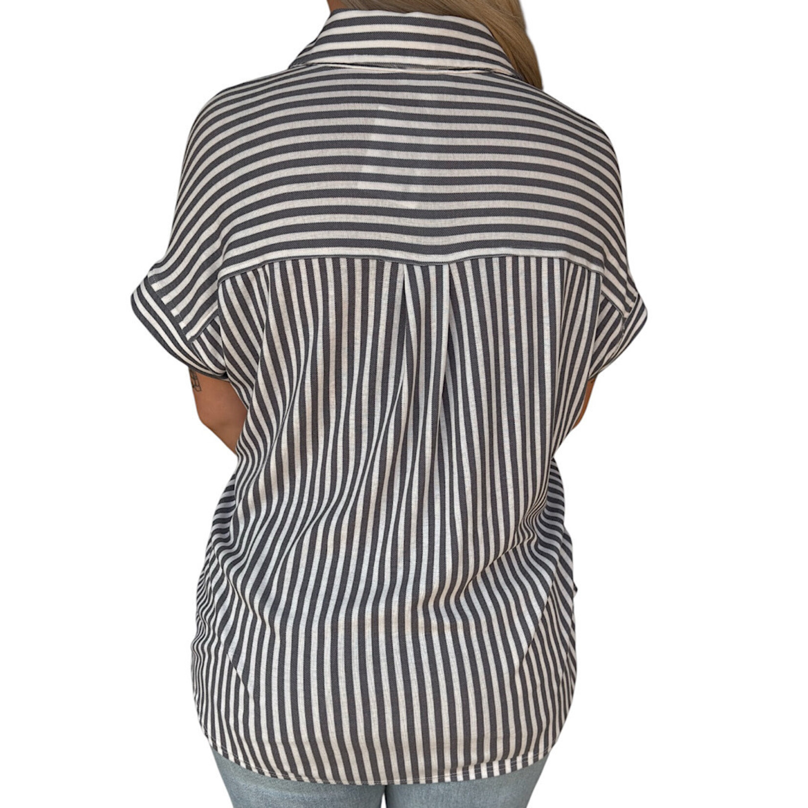 Plus Charcoal Stripe Collared Short Sleeve Button Down Top
