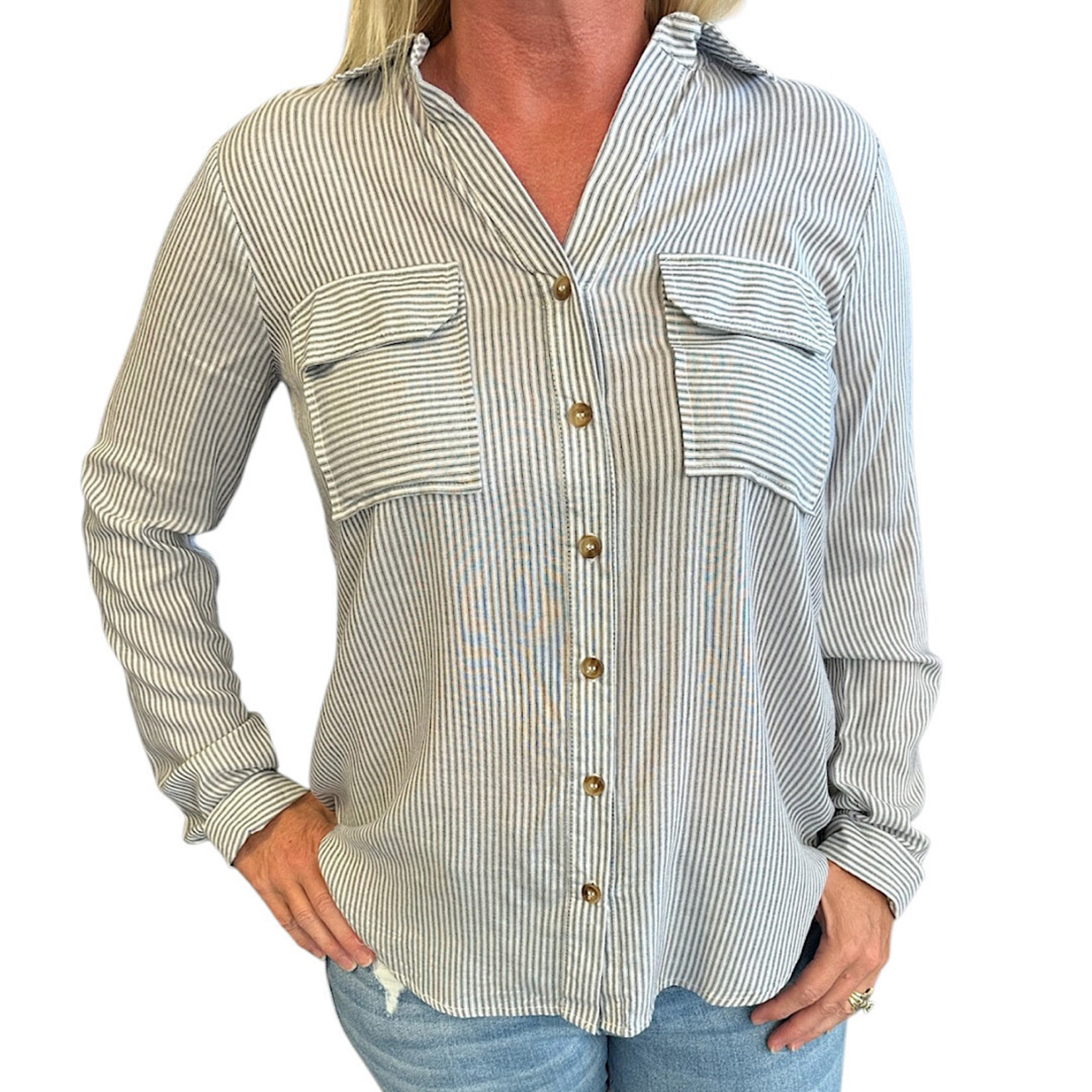 Black Striped Collared Button Down with Pockets
