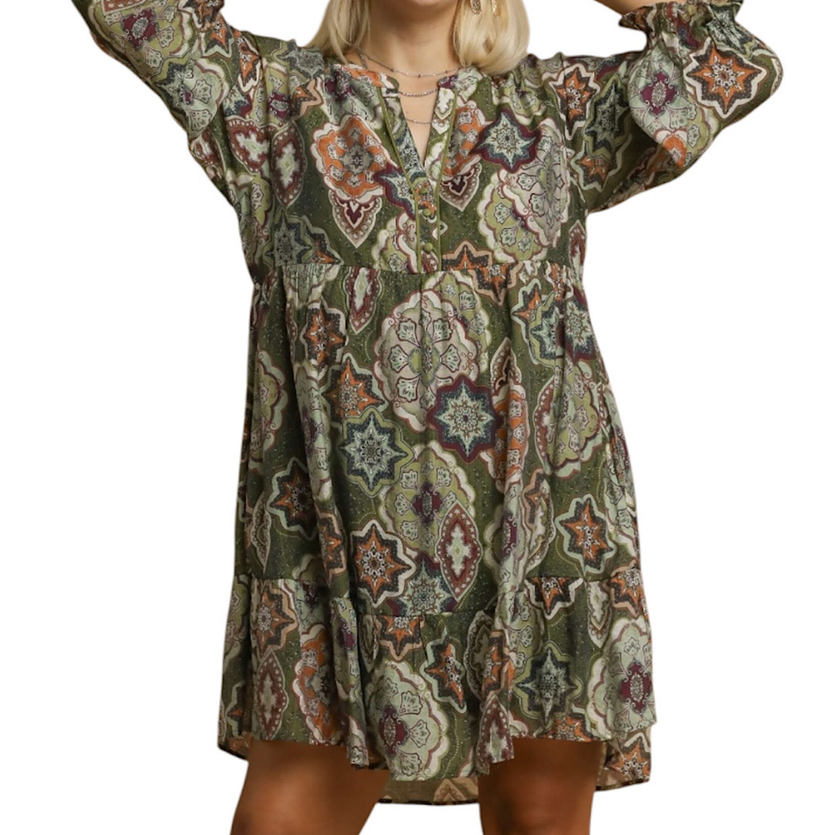 Olive Mix Boho Medallion Print Tiered Dress