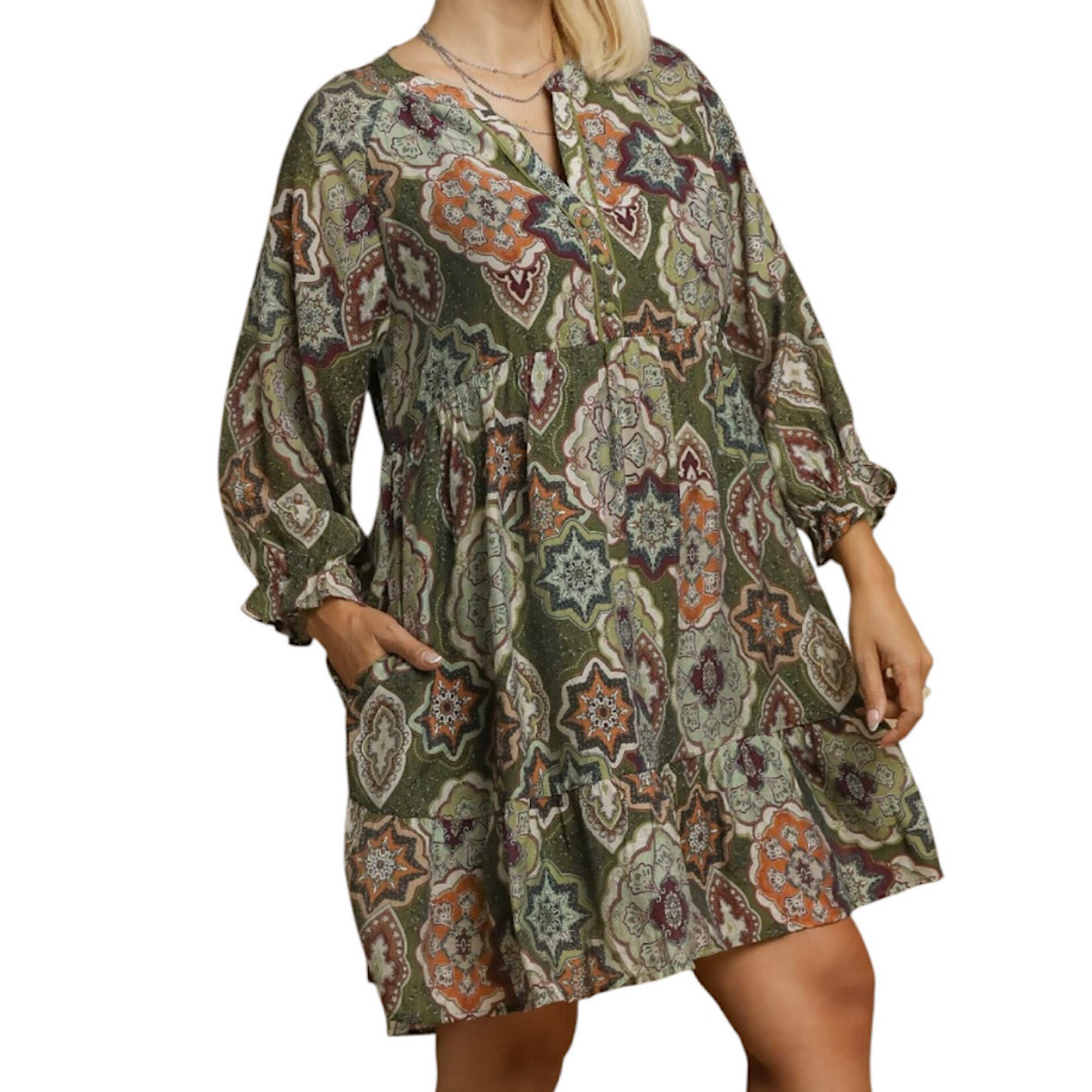 Olive Mix Boho Medallion Print Tiered Dress