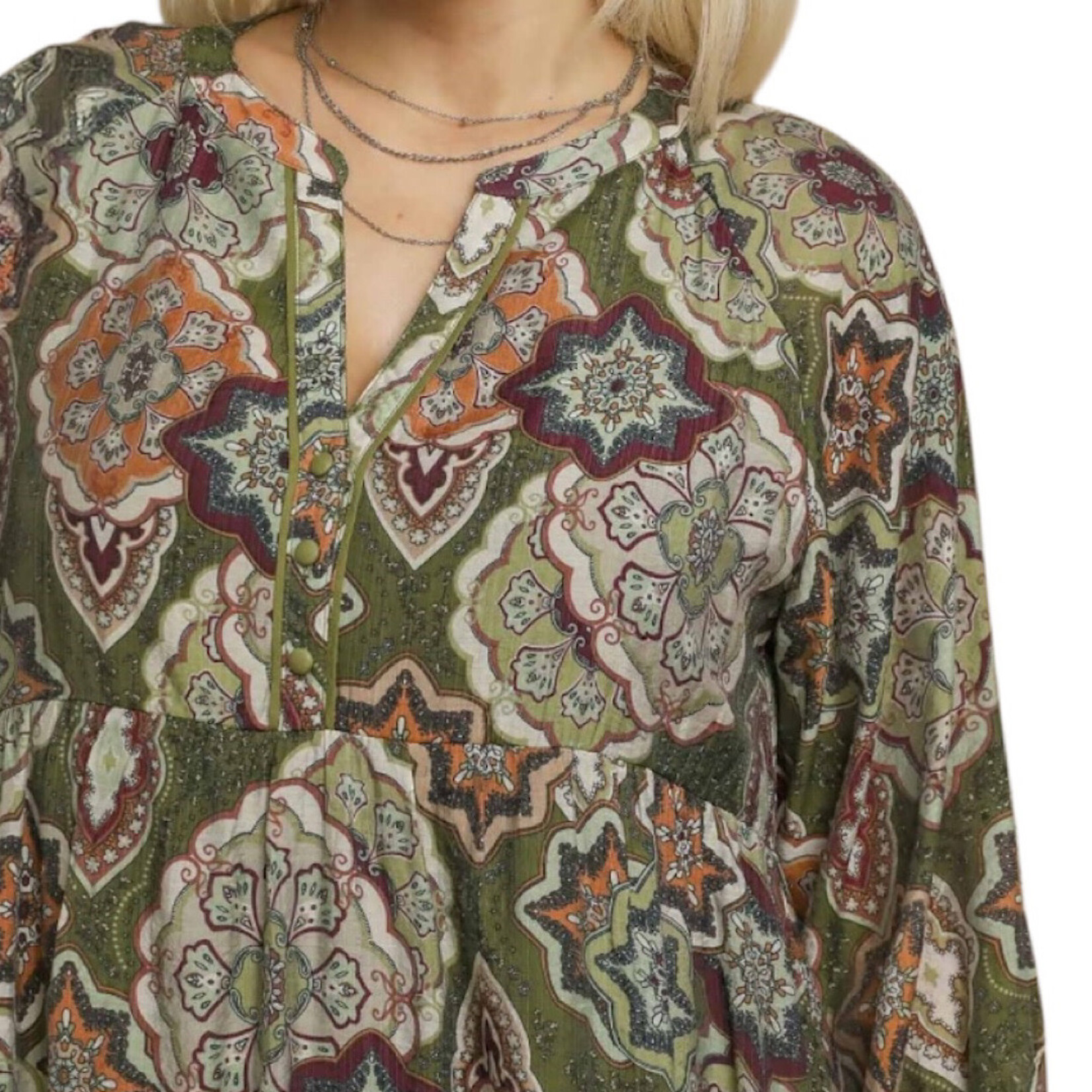 Olive Mix Boho Medallion Print Tiered Dress