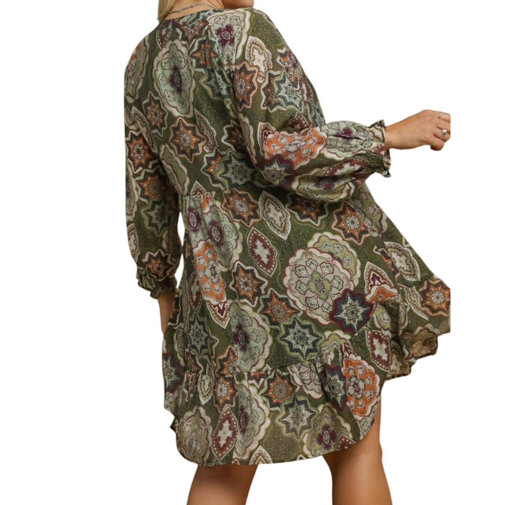 Olive Mix Boho Medallion Print Tiered Dress