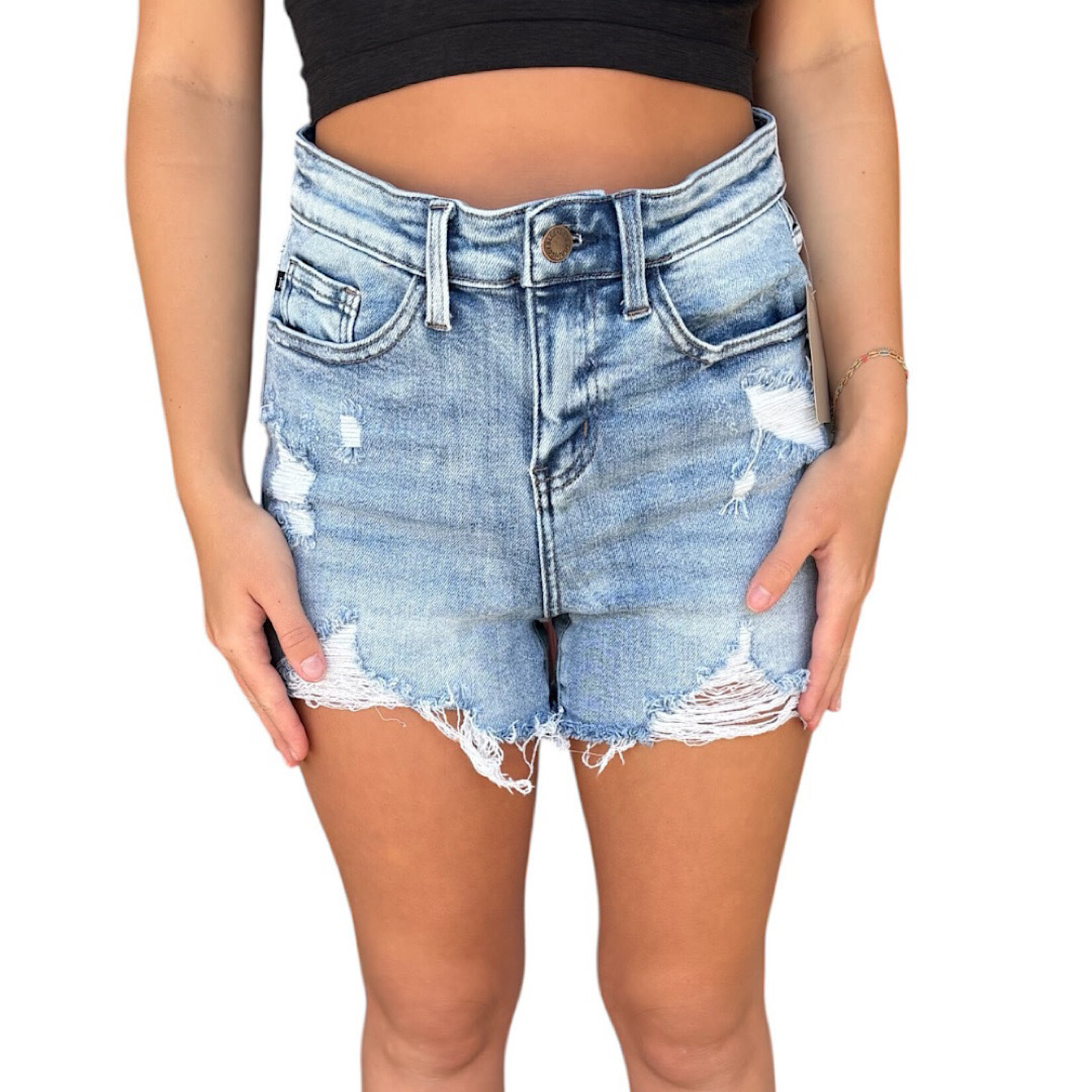 Judy Blue Judy Blue JB150074MD Medium Wash Distressed Denim Shorts Size Small-RF