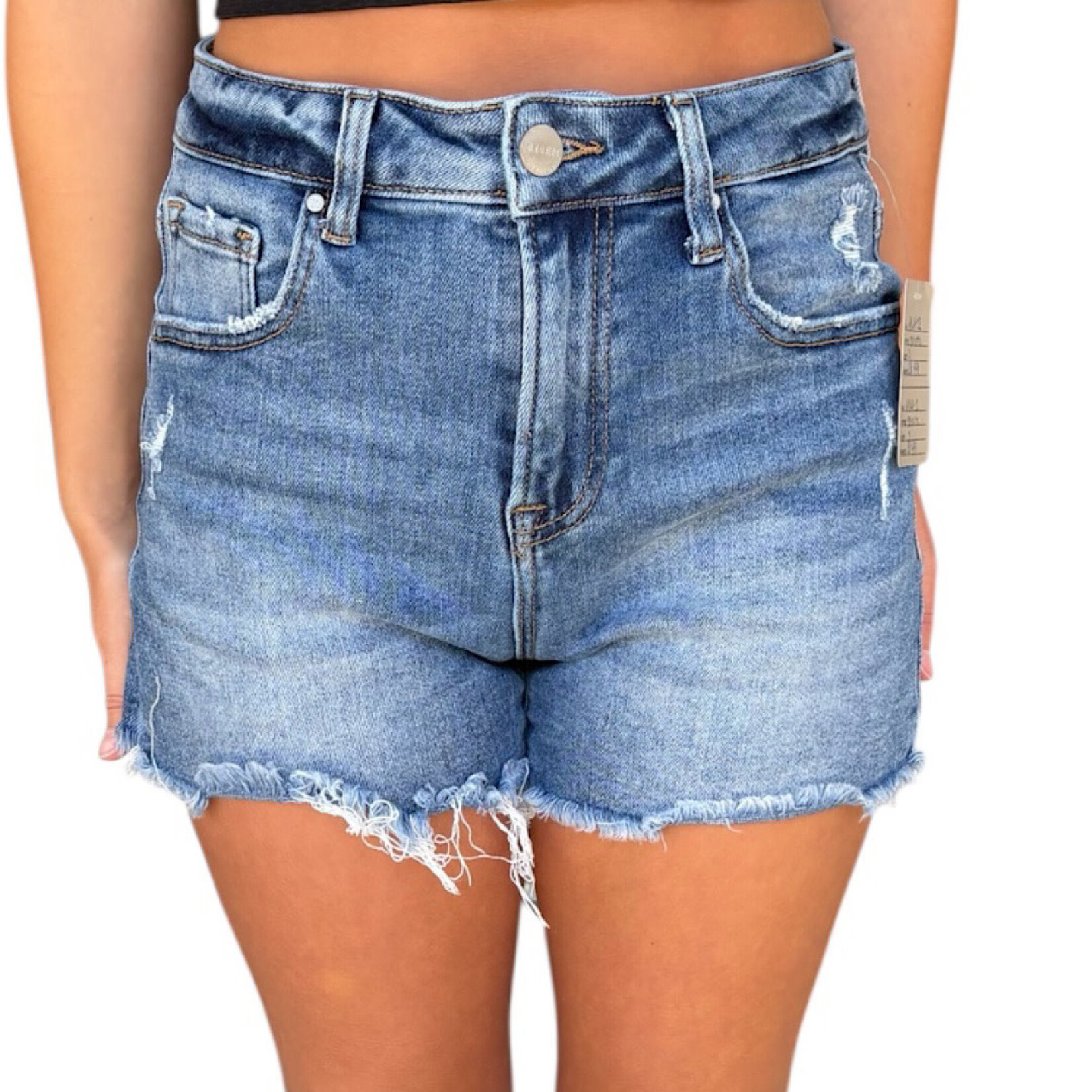 Risen RDS6106 Medium Wash Denim Shorts with Frayed Hem Size Small-RF