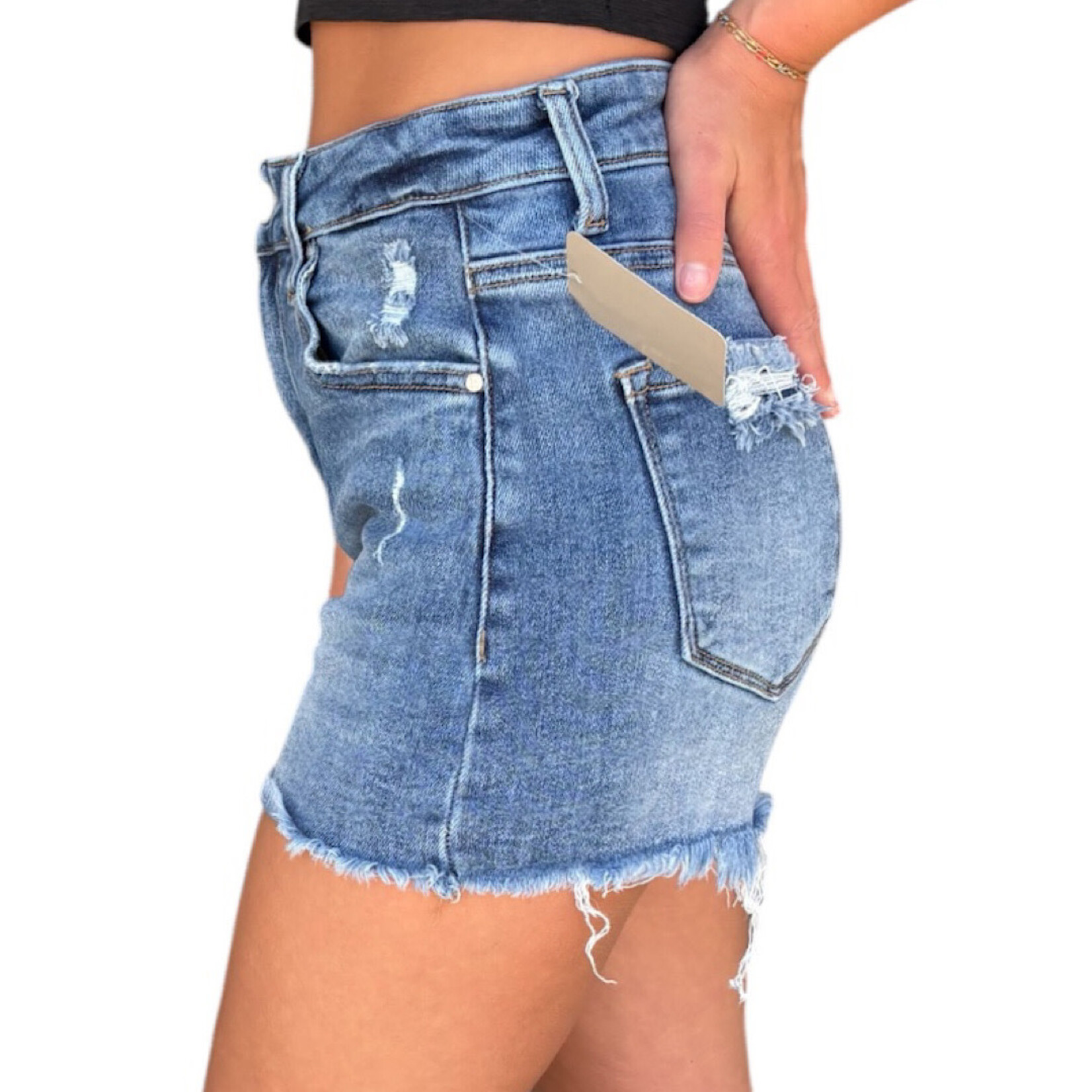 Risen RDS6106 Medium Wash Denim Shorts with Frayed Hem Size Small-RF