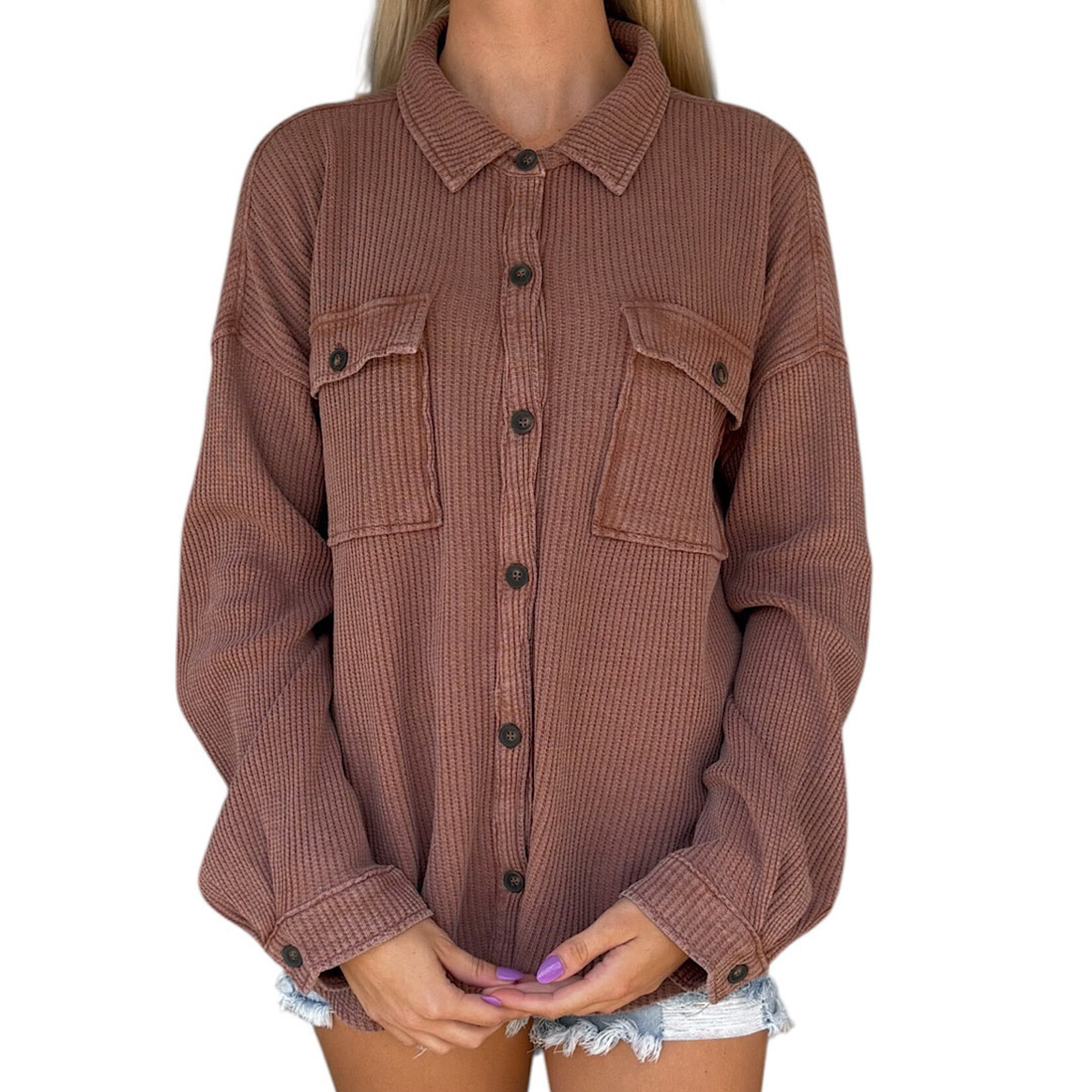 Chestnut Mineral Washed Waffle Knit Shacket