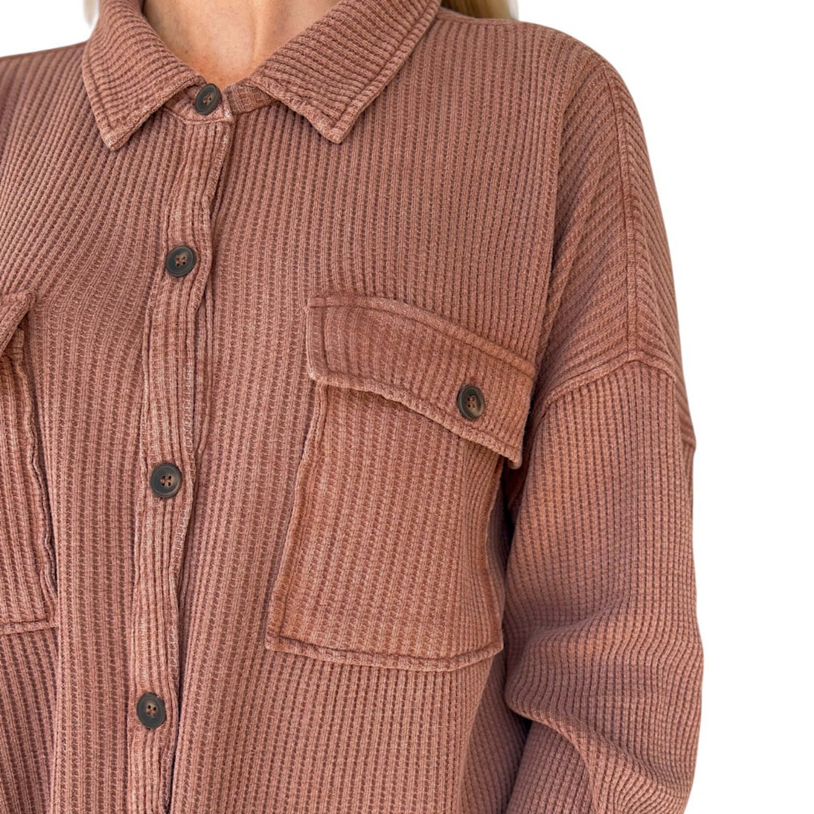 Chestnut Mineral Washed Waffle Knit Shacket