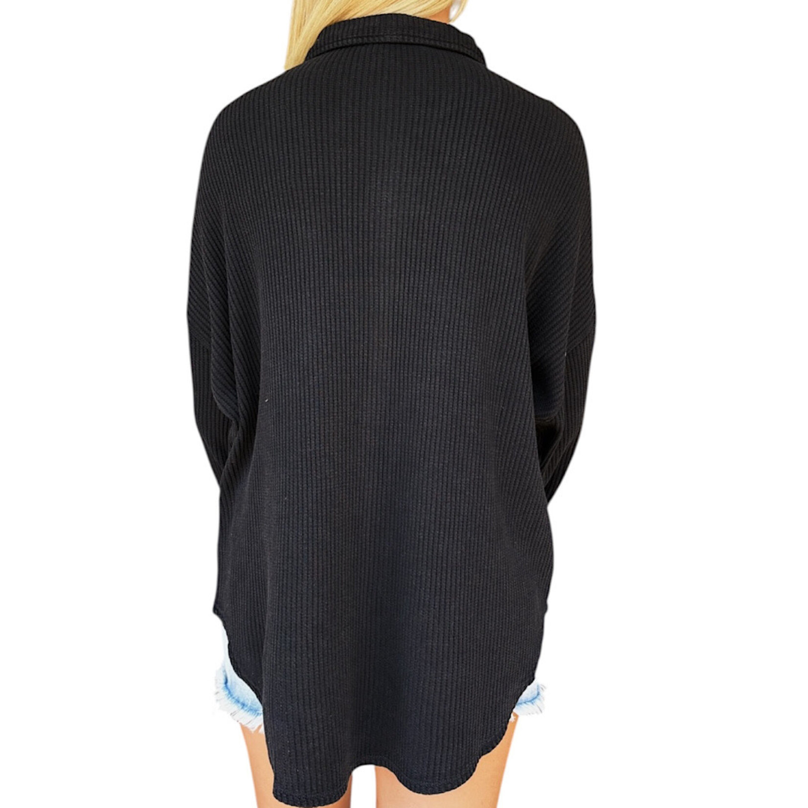 Black Mineral Washed Waffle Knit Shacket