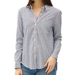 Denim Striped Long Sleeve Collared Button Up Top