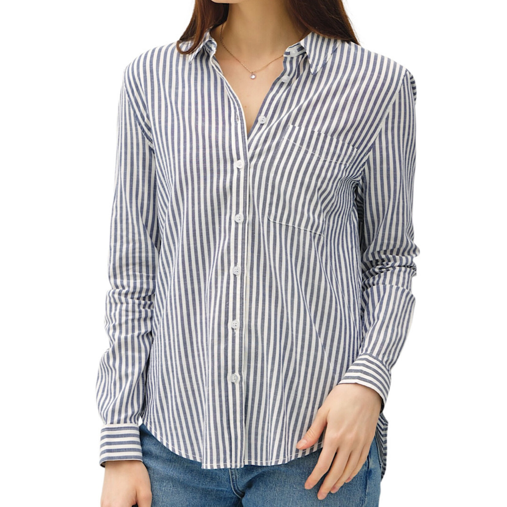 Denim Striped Long Sleeve Collared Button Up Top