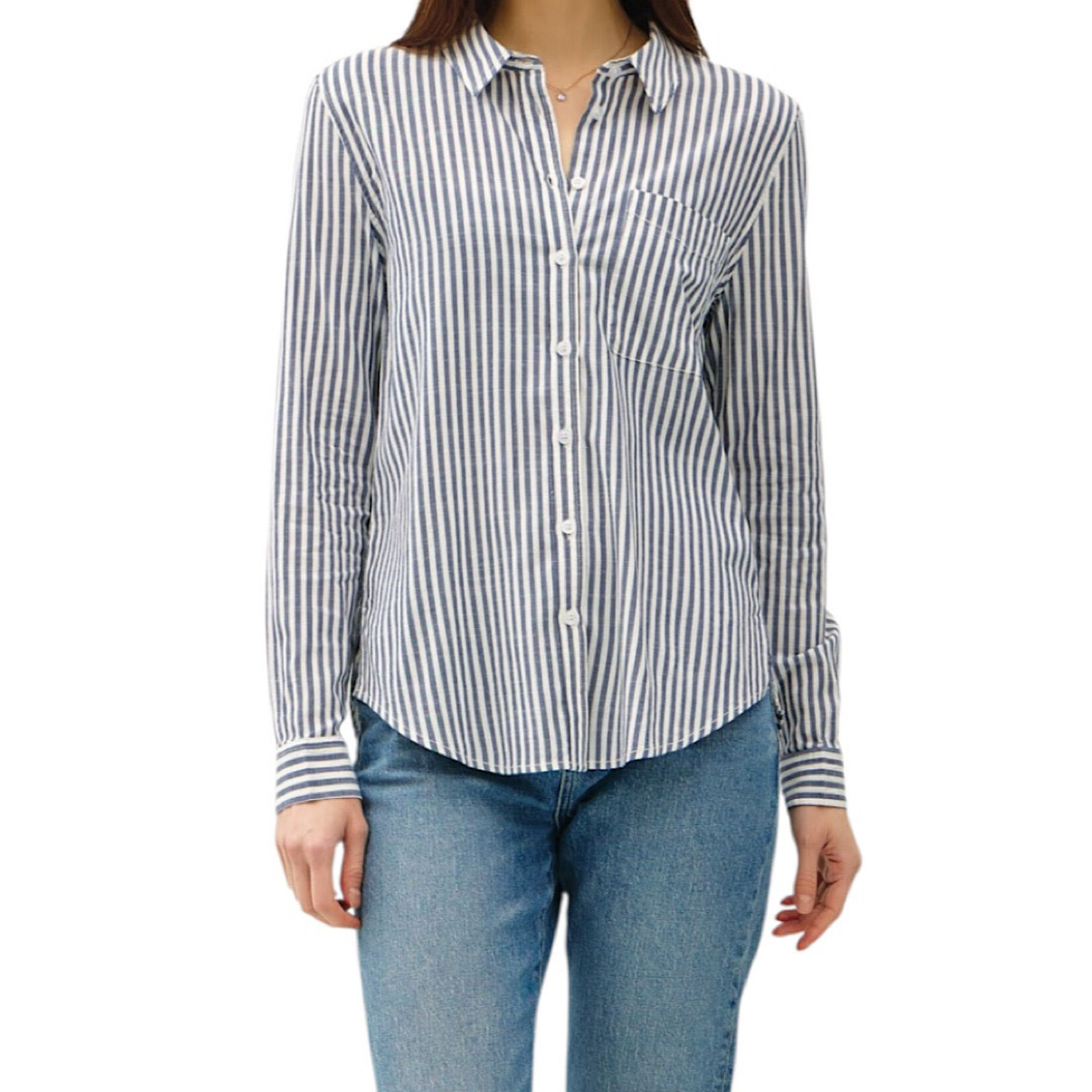 Denim Striped Long Sleeve Collared Button Up Top