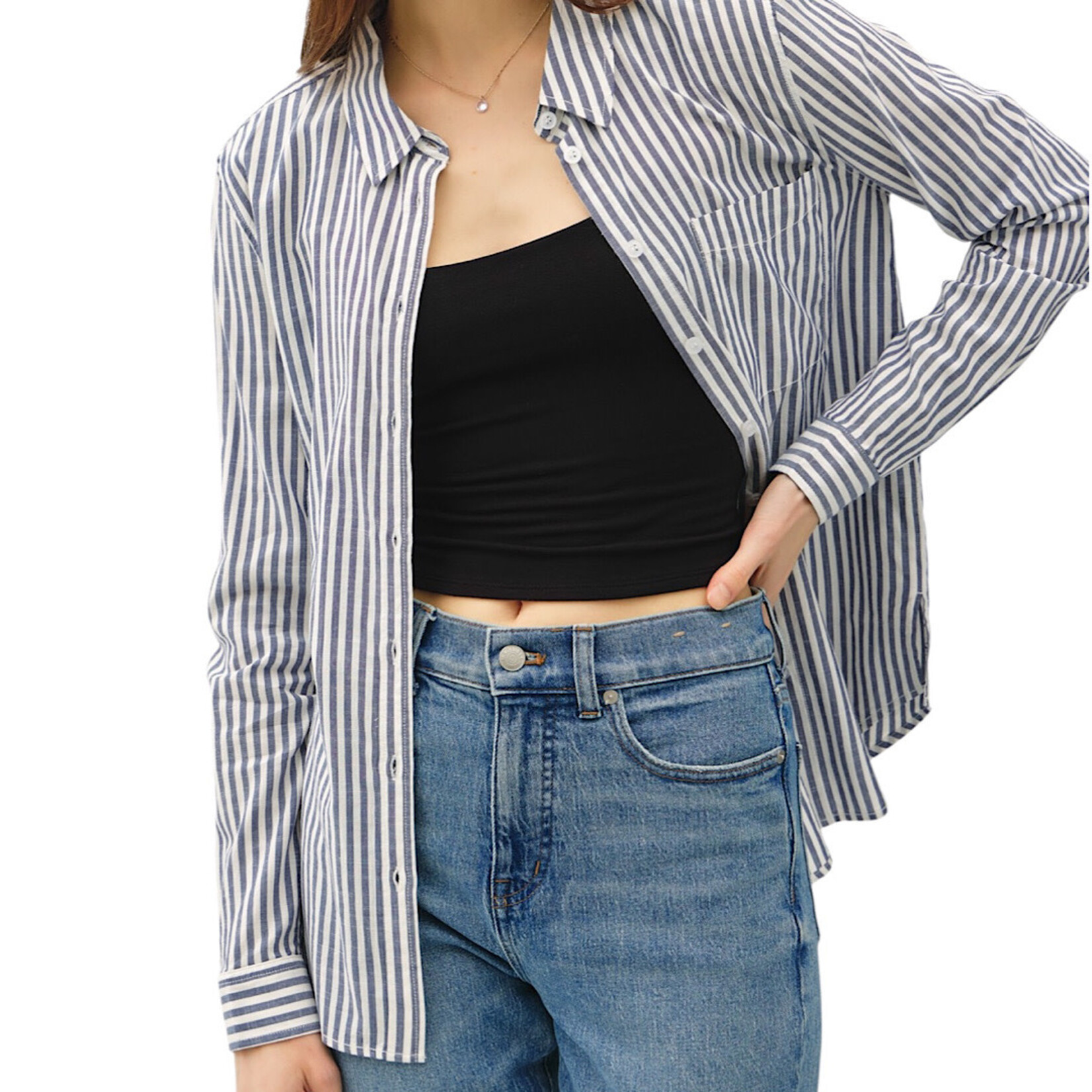 Denim Striped Long Sleeve Collared Button Up Top