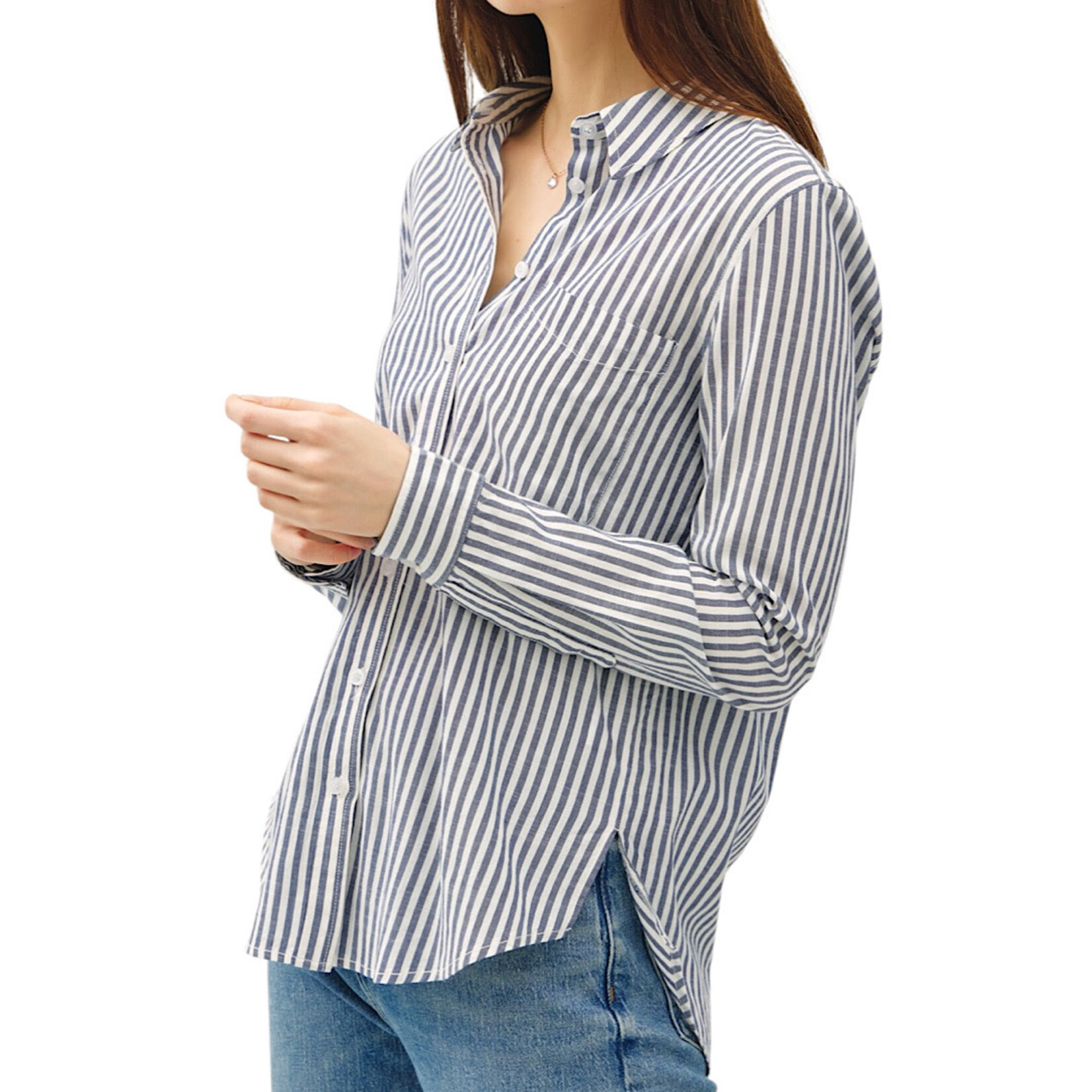 Denim Striped Long Sleeve Collared Button Up Top