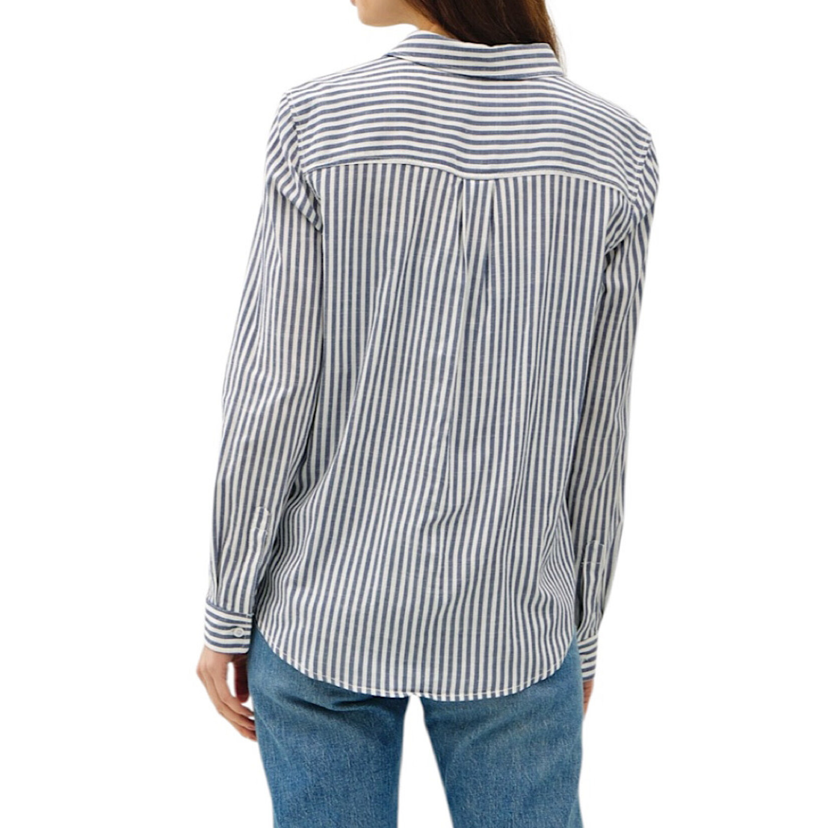 Denim Striped Long Sleeve Collared Button Up Top
