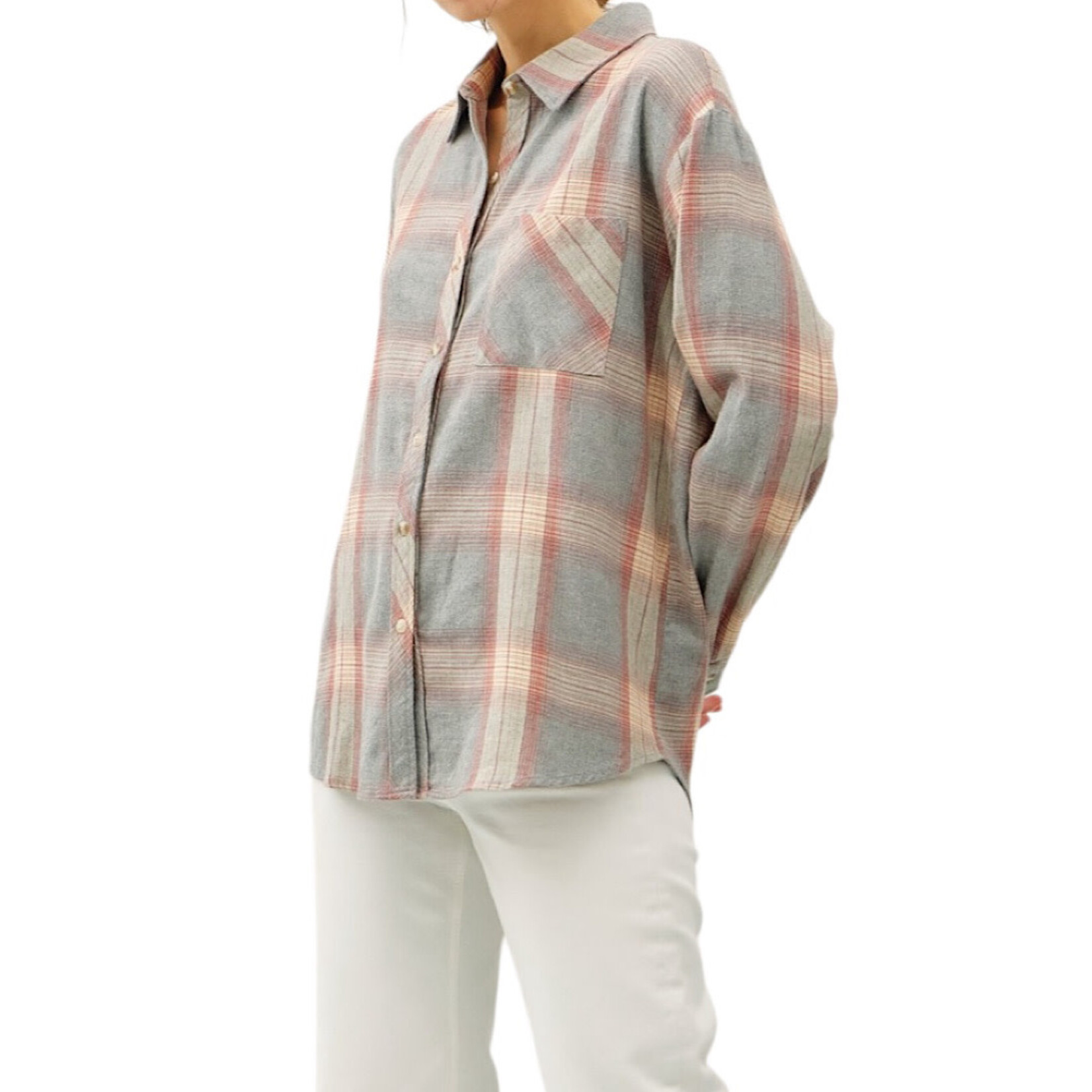 Dusty Coral Classic Plaid Long Sleeve Button Up Top
