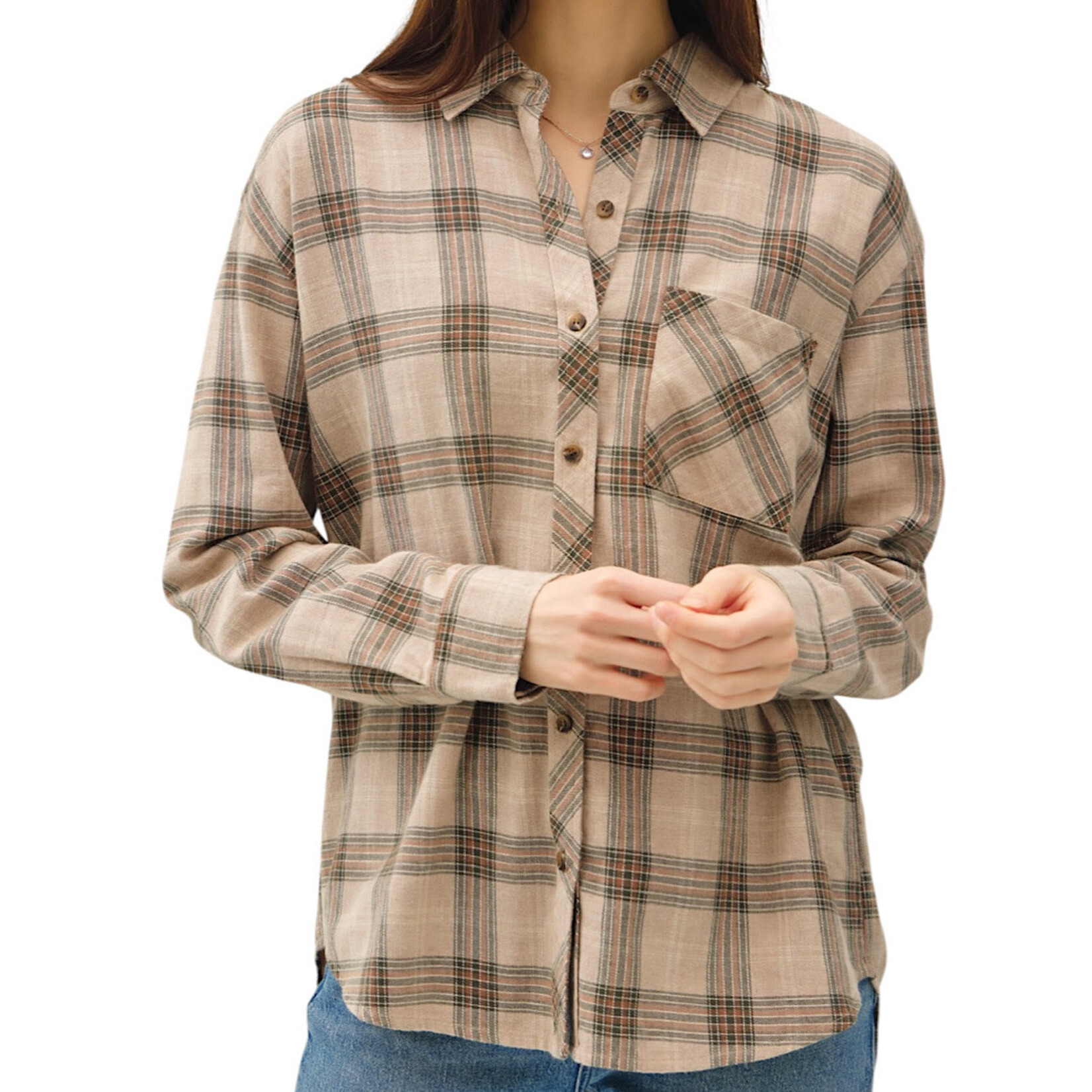 Mushroom Classic Plaid Long Sleeve Button Up Top