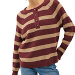 Wine Striped Henley Round Neck Sweater