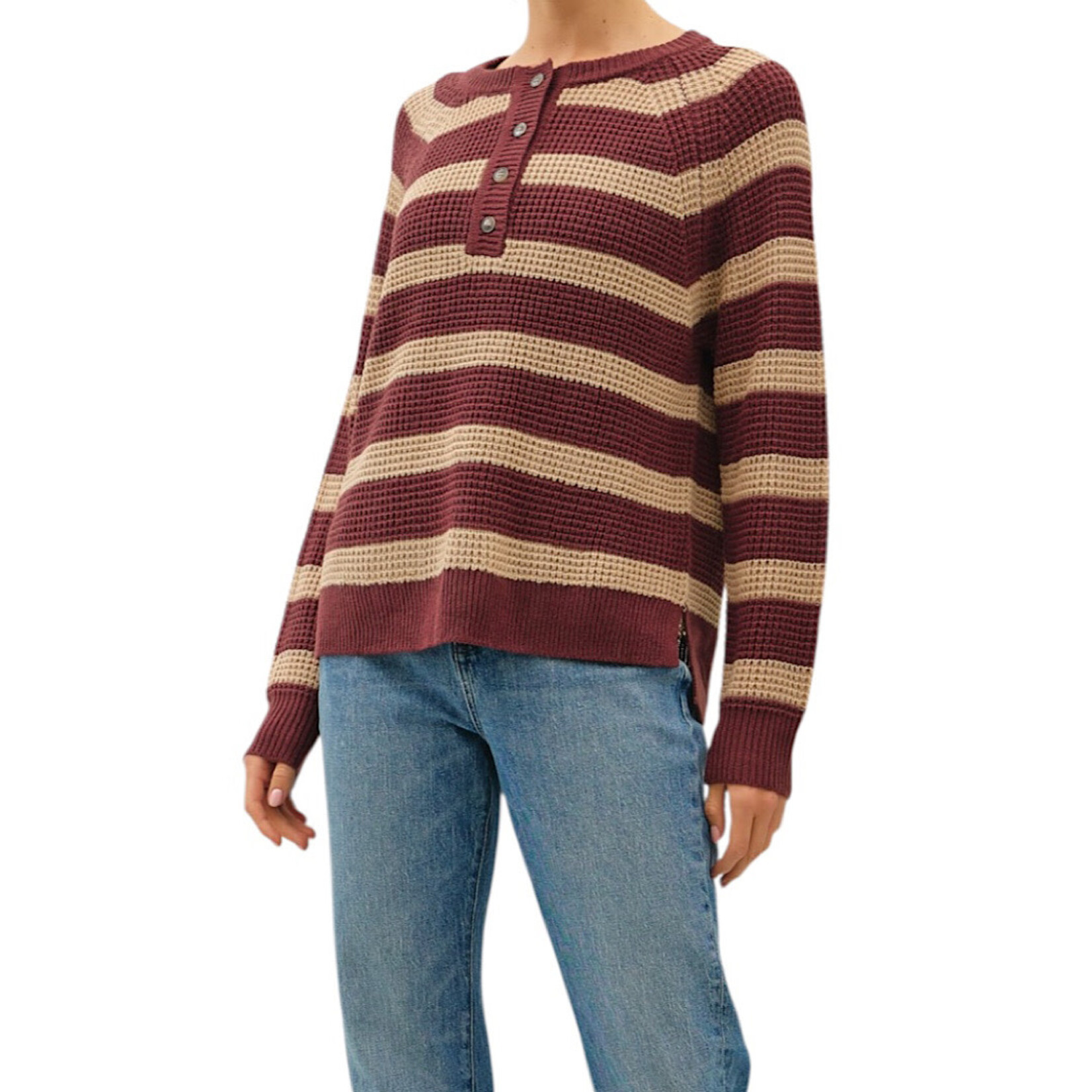 Wine Striped Henley Round Neck Sweater