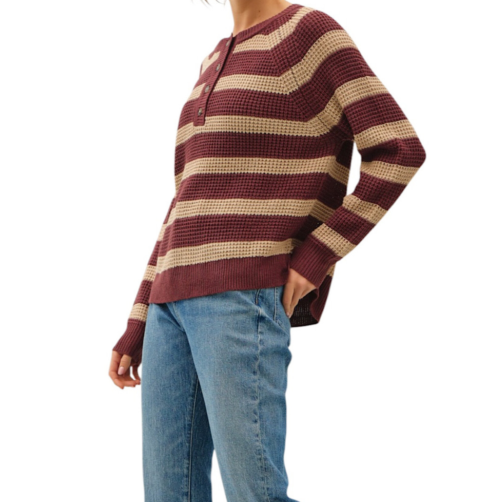 Wine Striped Henley Round Neck Sweater