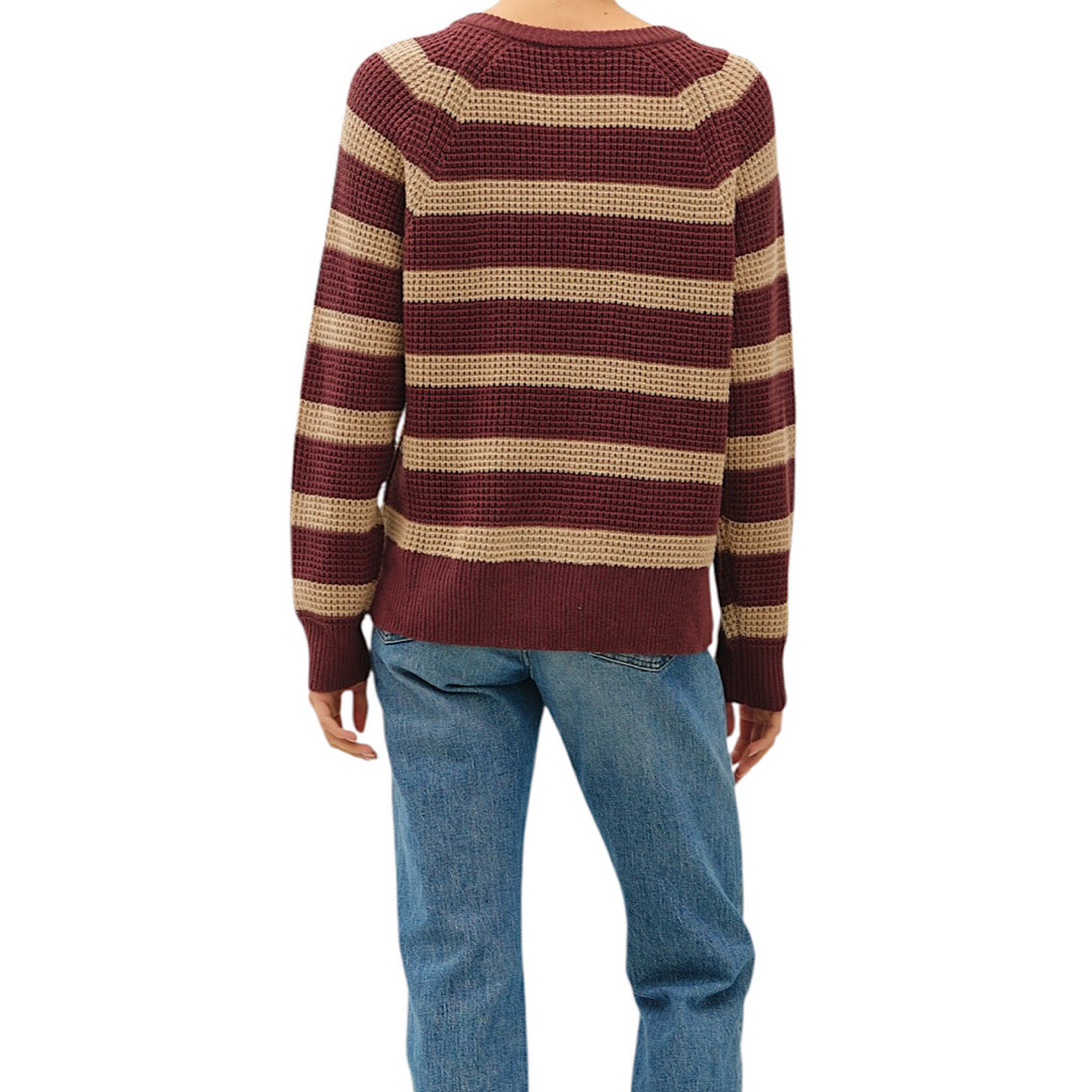 Wine Striped Henley Round Neck Sweater