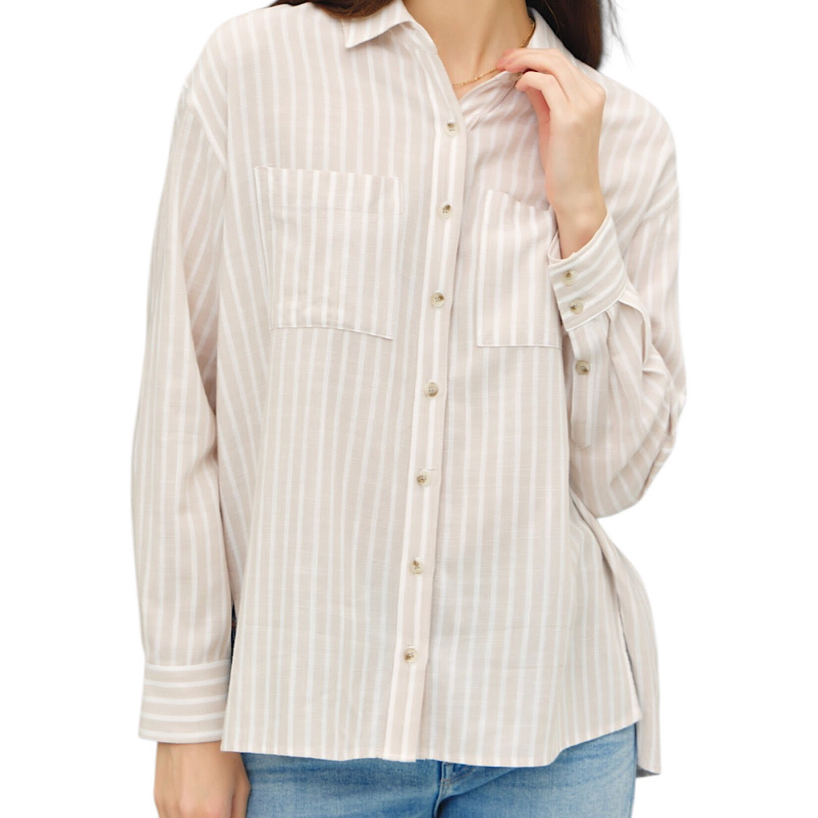 Natural Striped Button Up Top