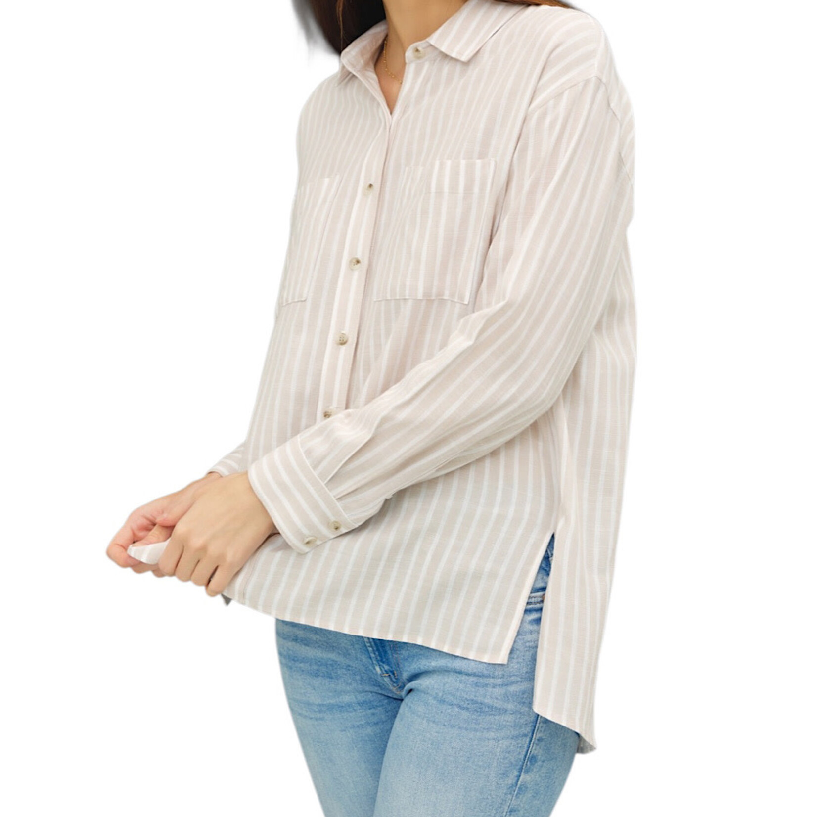 Natural Striped Button Up Top