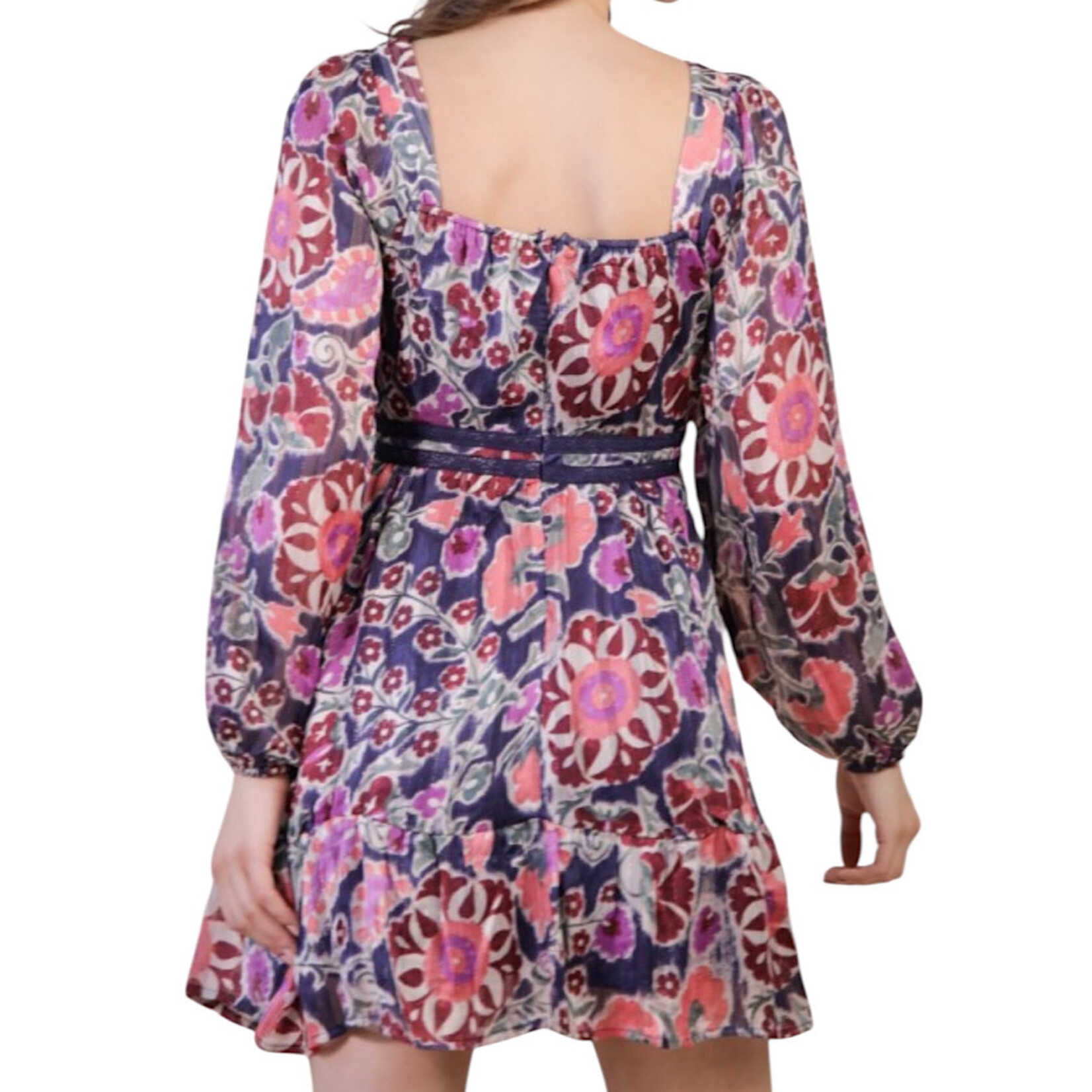 Navy Mix Lace Trim Detail Printed Holiday Mini Dress