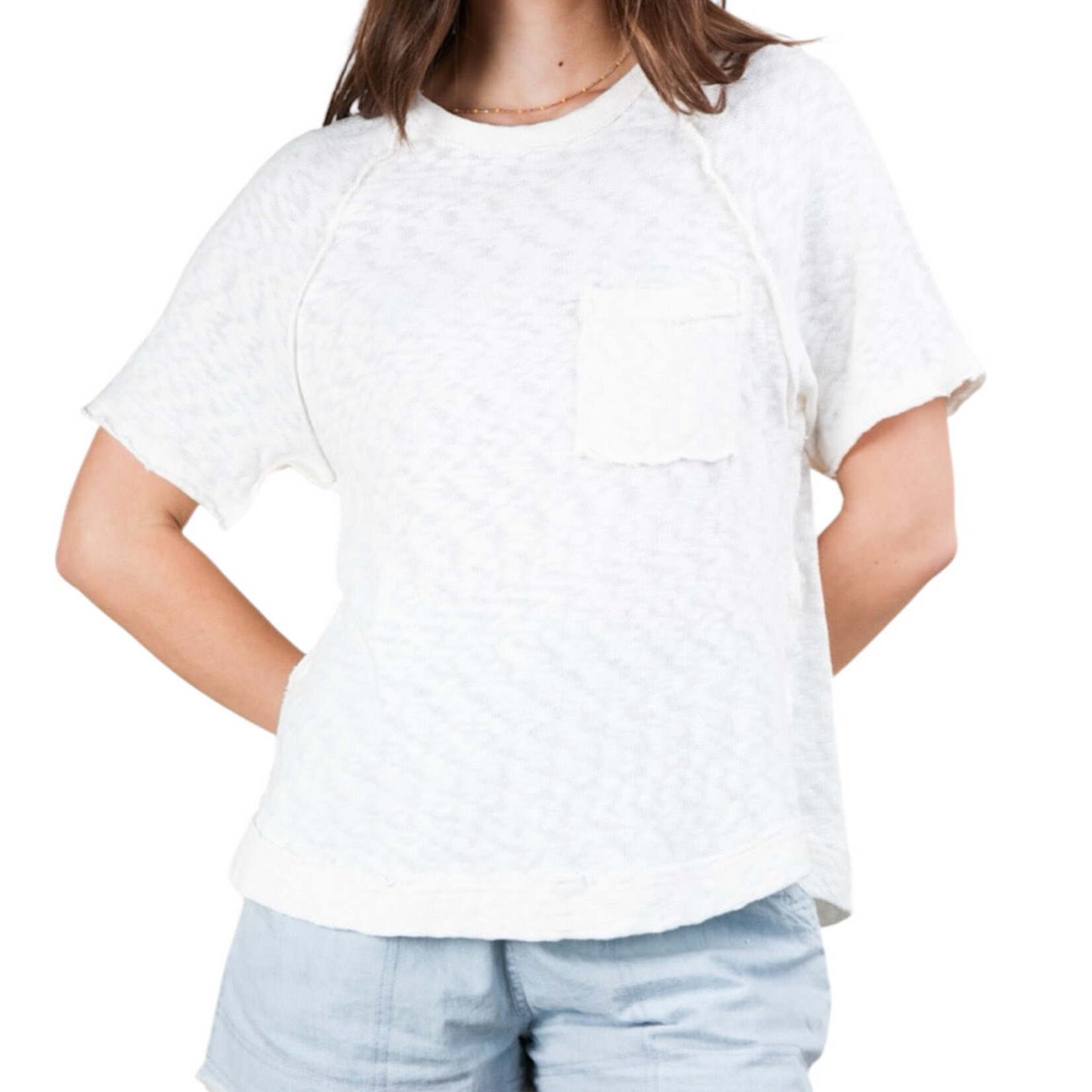 White Solid Casual Knit Top with Patch Pocket
