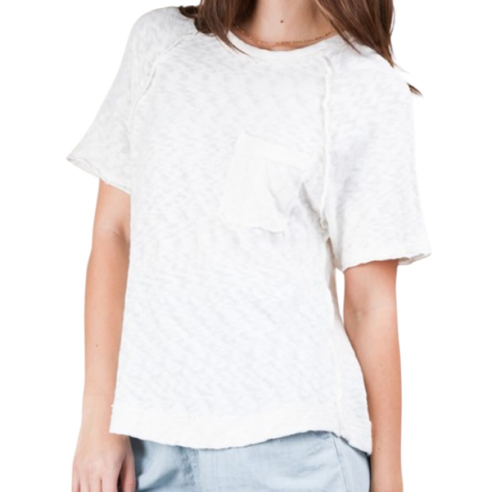 White Solid Casual Knit Top with Patch Pocket
