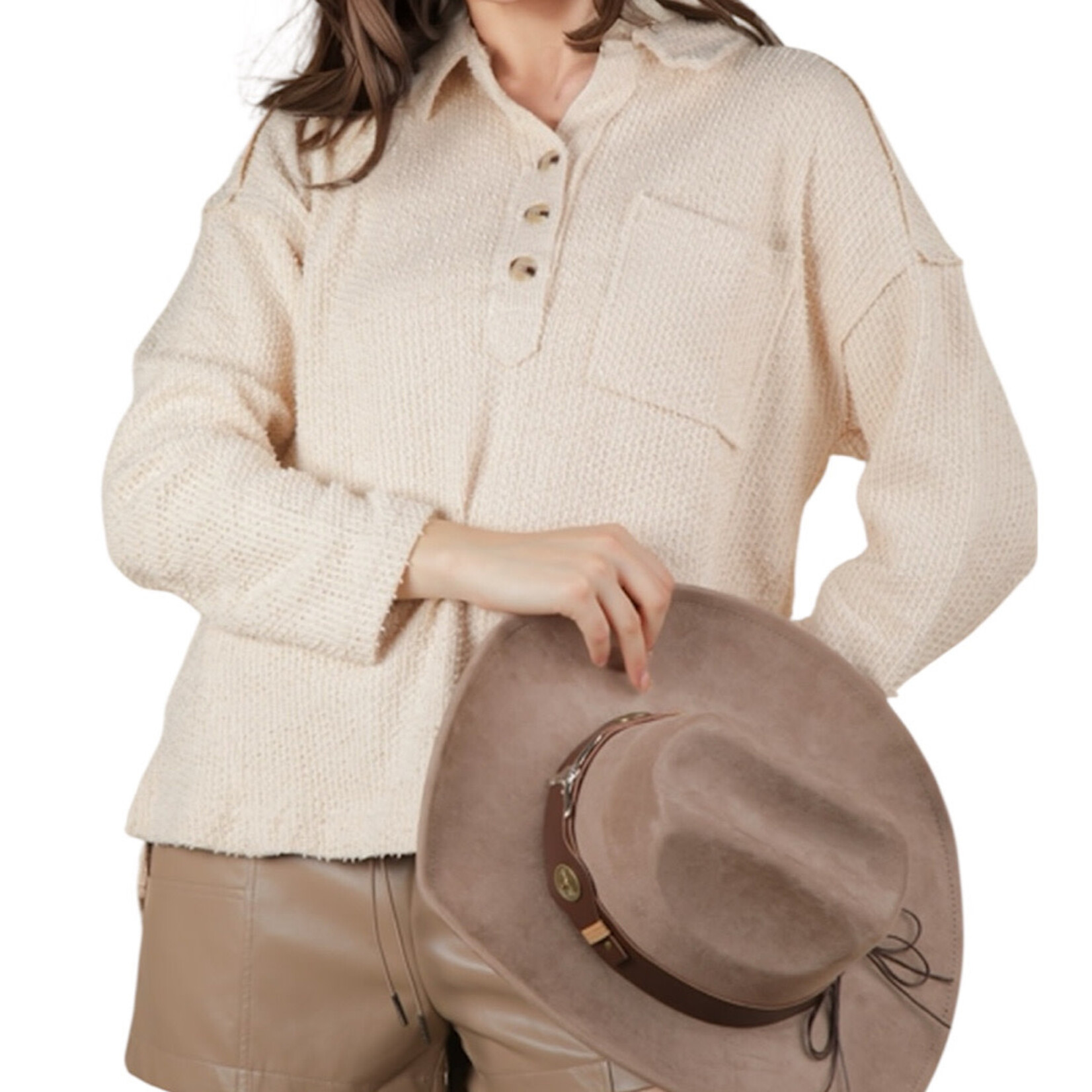 Cream Half Button Down Collared Textured Henley Knit Top