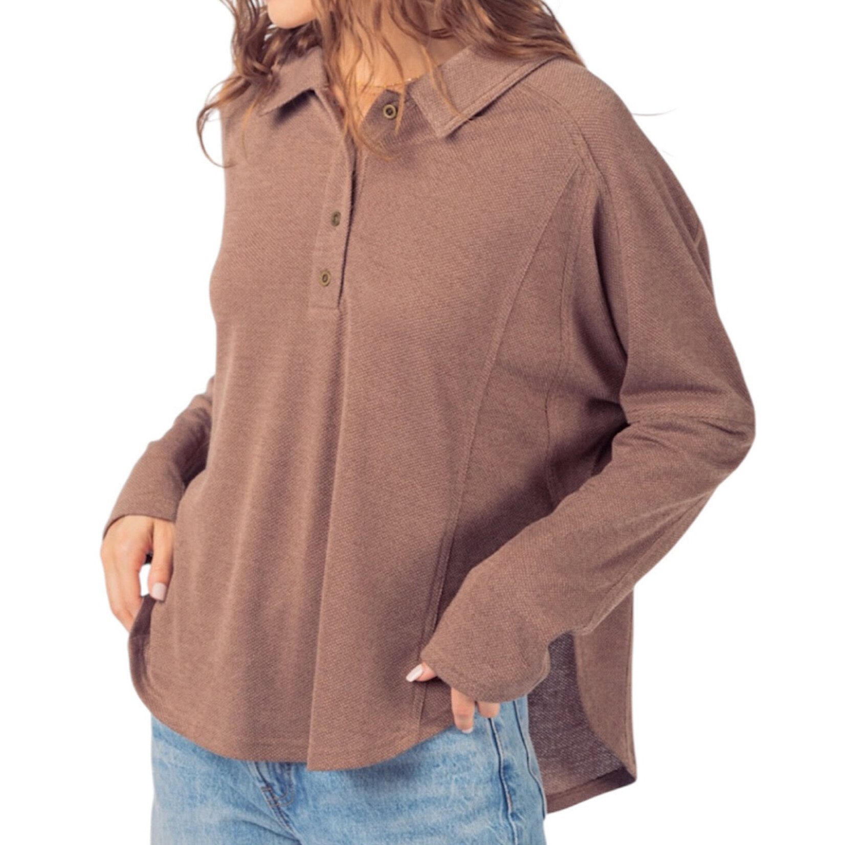 Cocoa Collared Neck Henley Knit Top