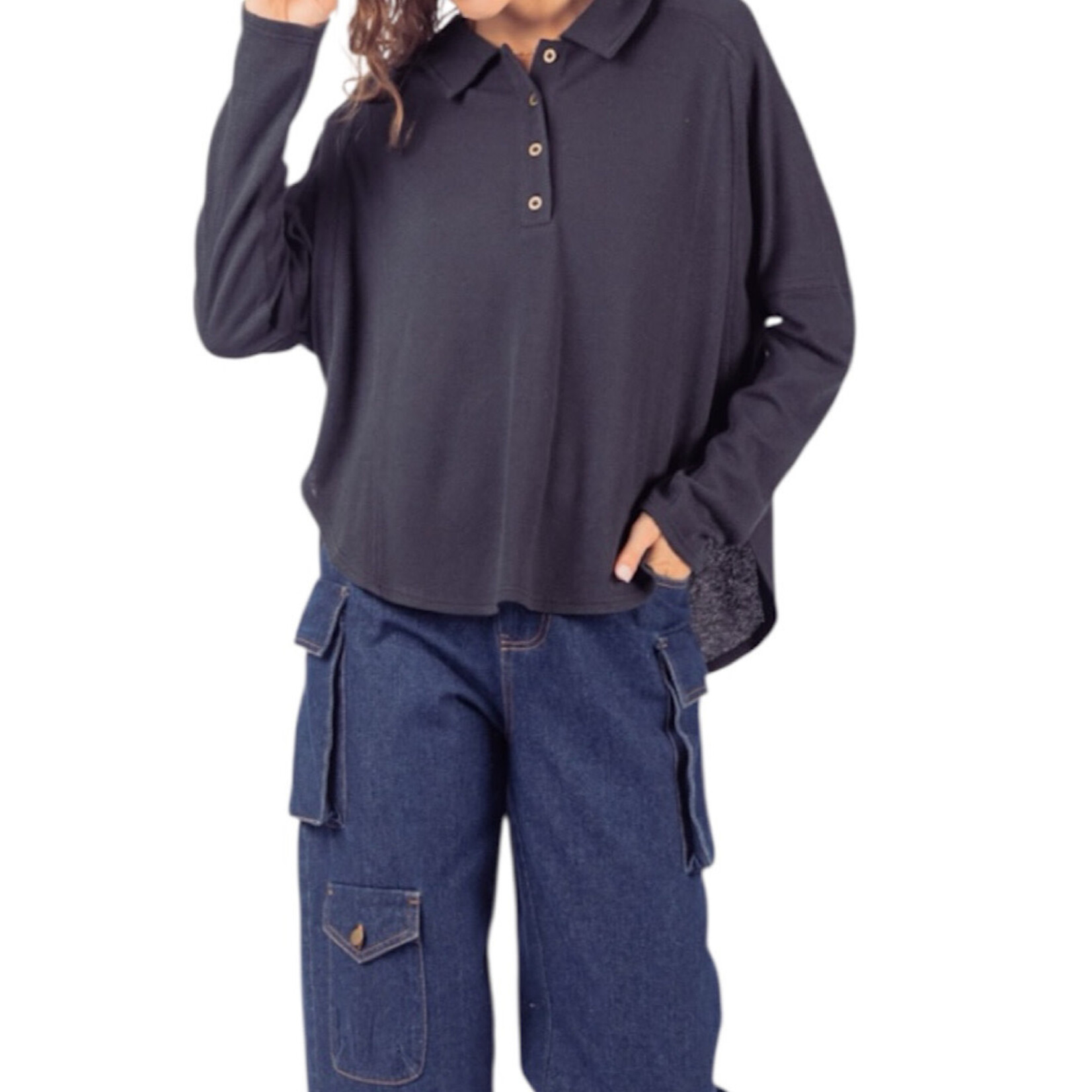 Black Collared Neck Henley Knit Top
