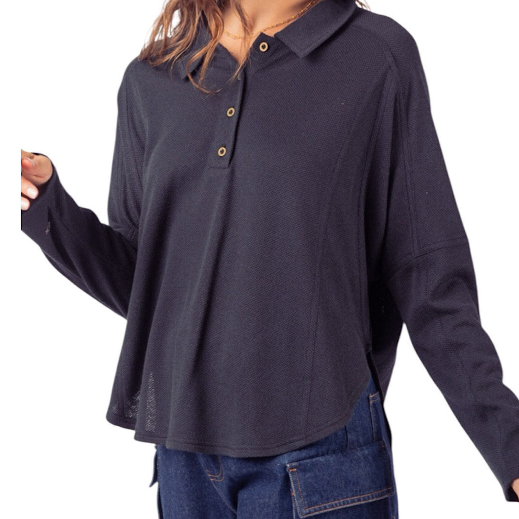 Black Collared Neck Henley Knit Top