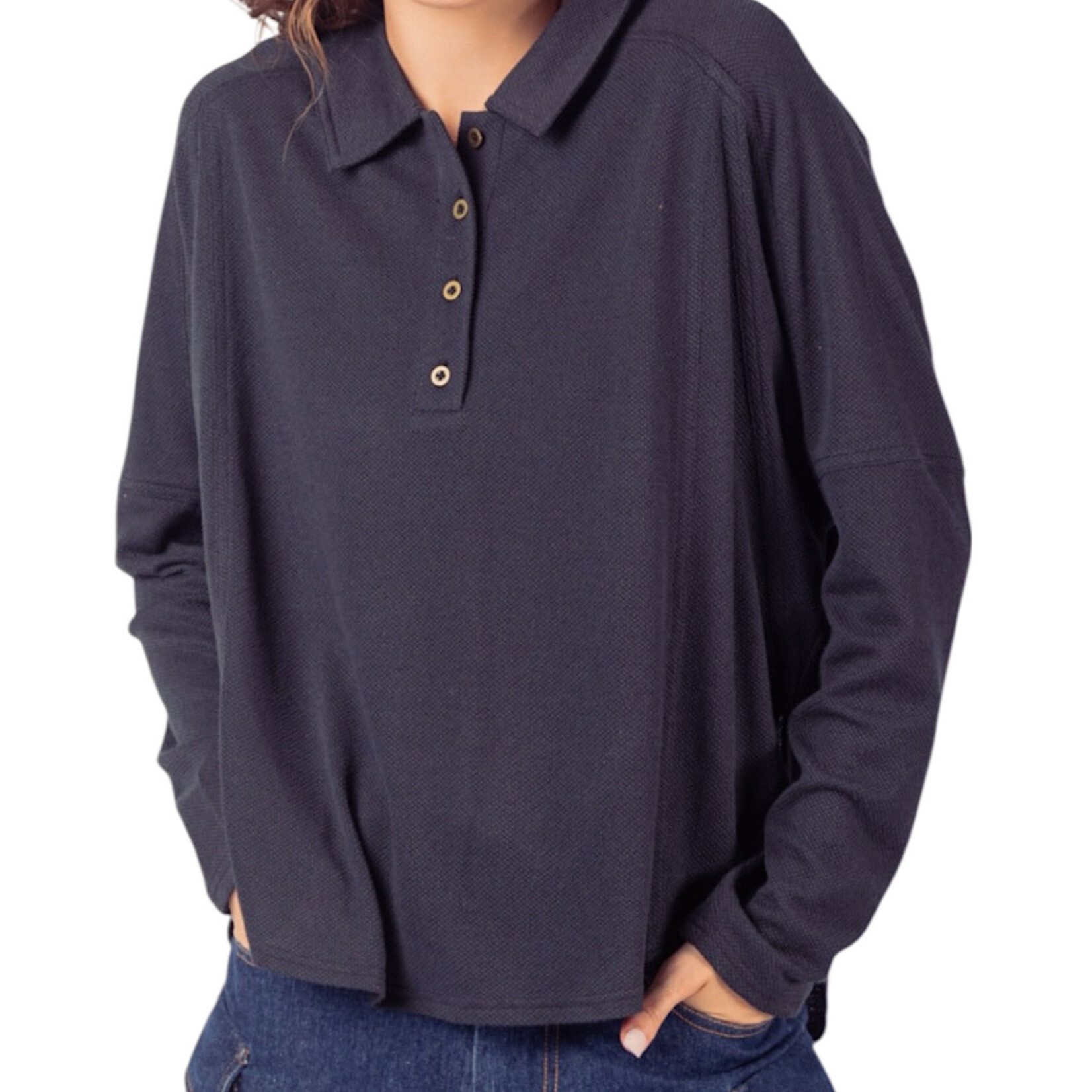 Black Collared Neck Henley Knit Top