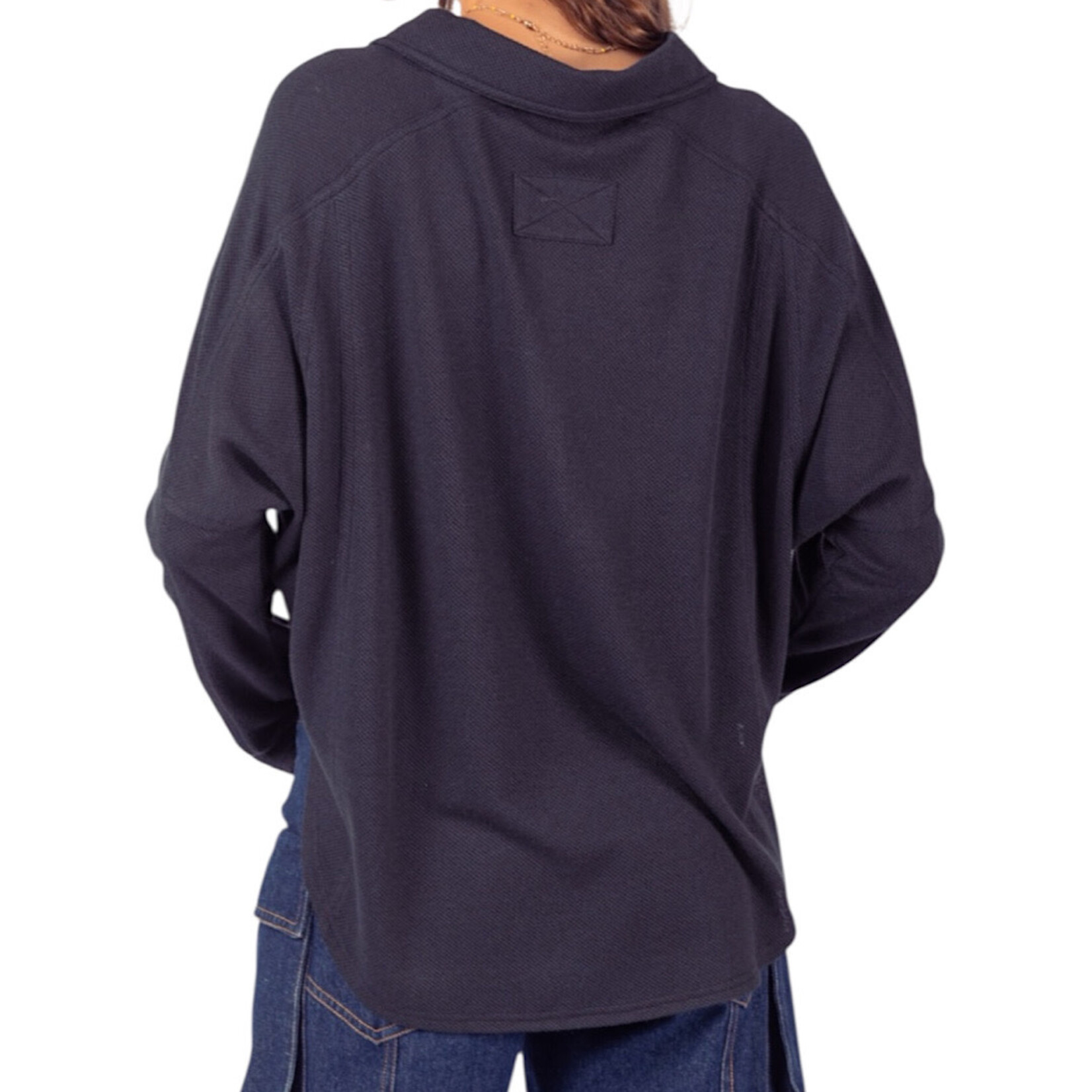 Black Collared Neck Henley Knit Top