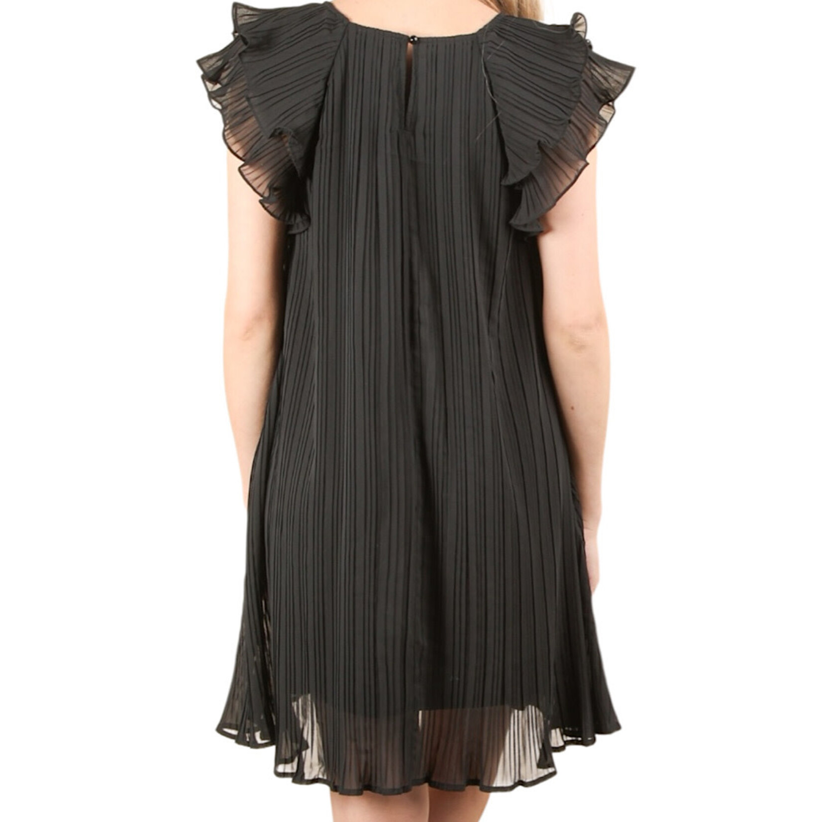 Black Ruffle Sleeve Pleated Woven Mini Dress