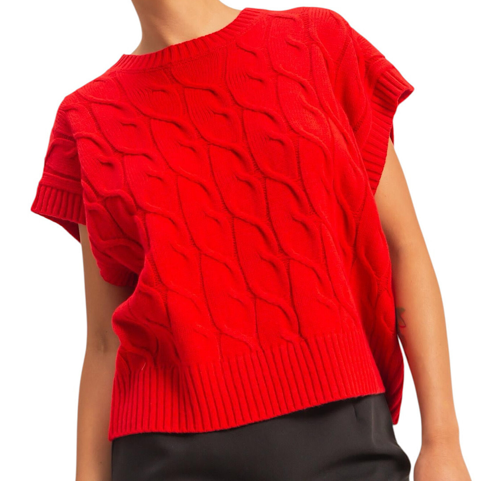 Red Oversized Cable Knit Sweater Vest