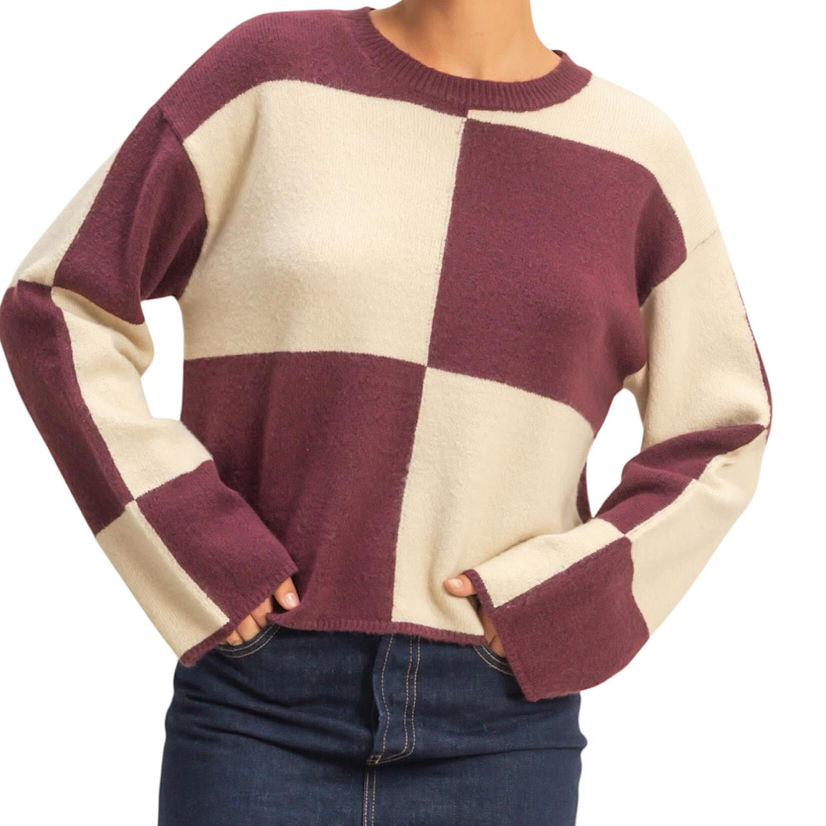 Dark Cherry/Alpaca Oversized Checkered Sweater