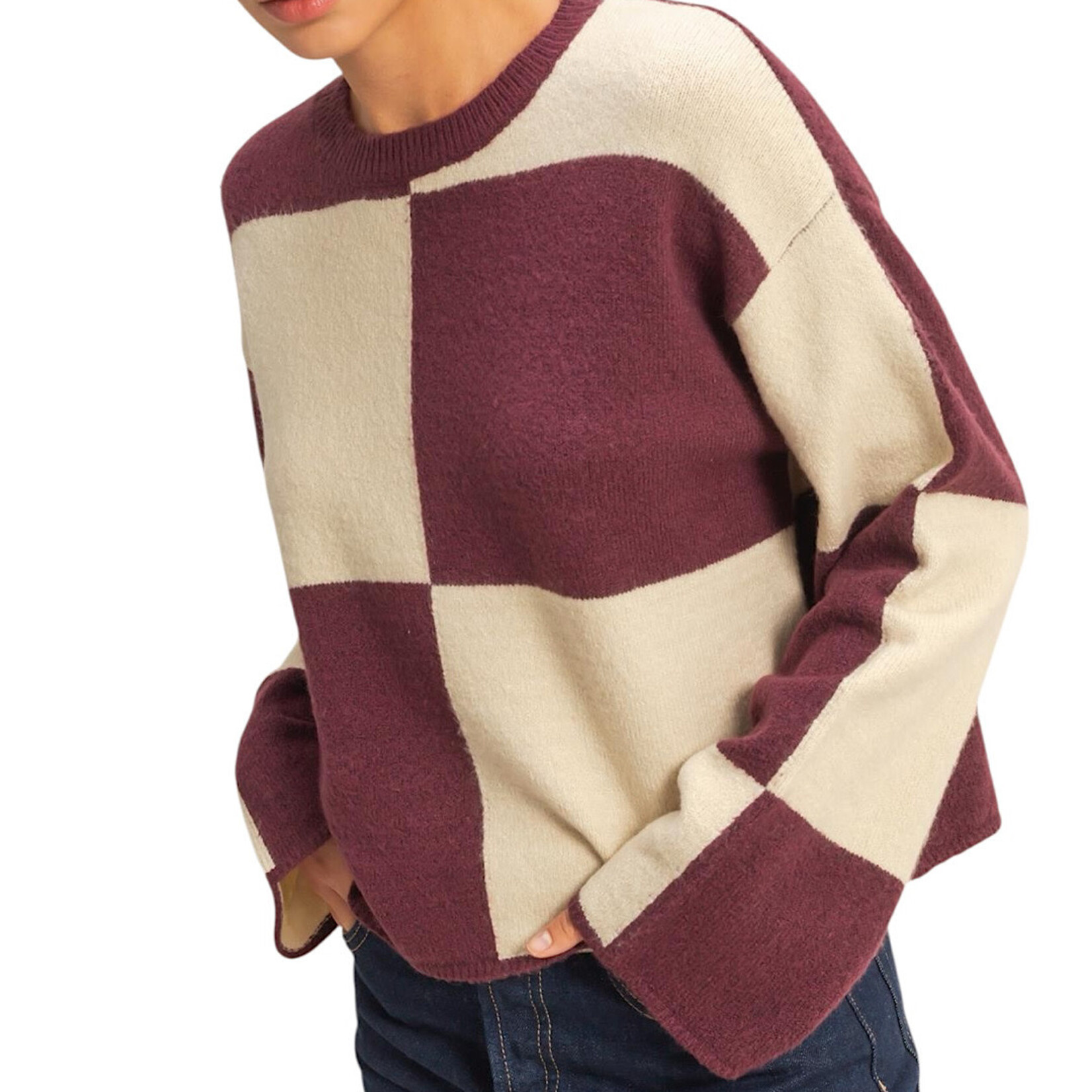 Dark Cherry/Alpaca Oversized Checkered Sweater