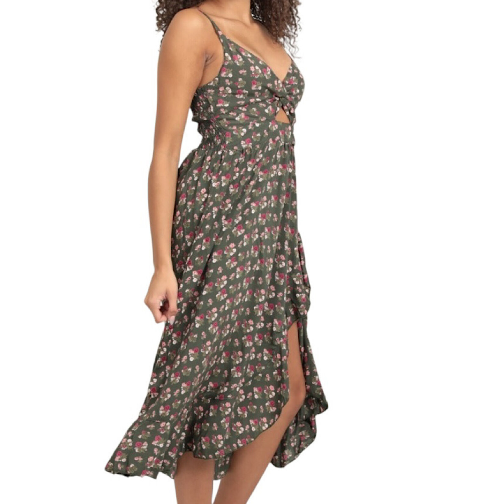 Ditsy Print V Neck Twist Front Cut Out Slit Dress S