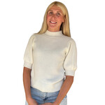 Cream Short Sleeve Ribbed Sweater Top with Puff Sleeves