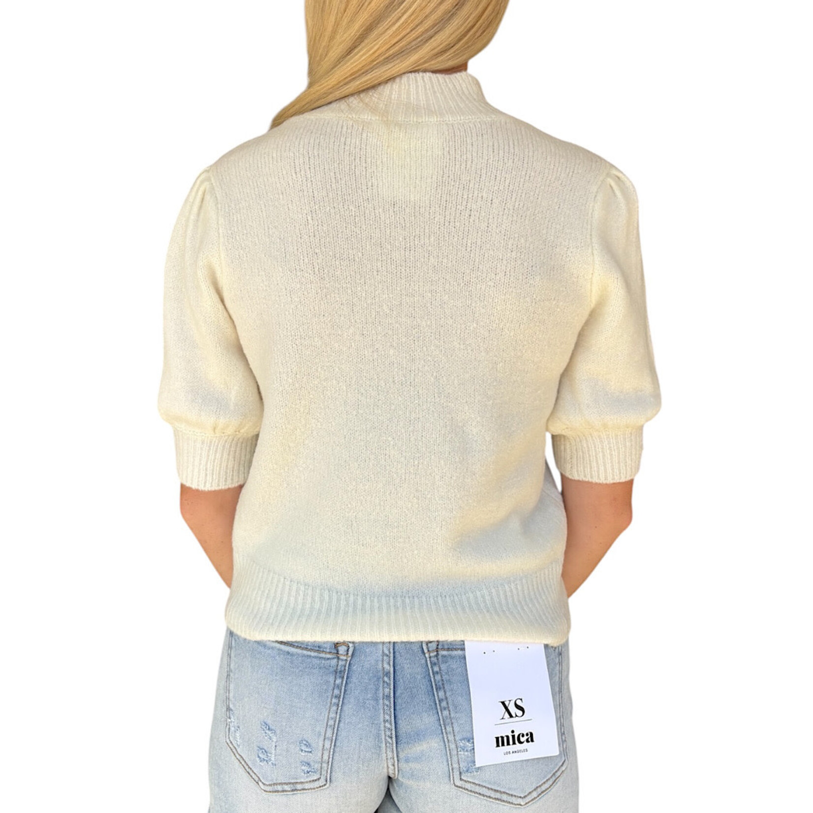 Cream Short Sleeve Ribbed Sweater Top with Puff Sleeves