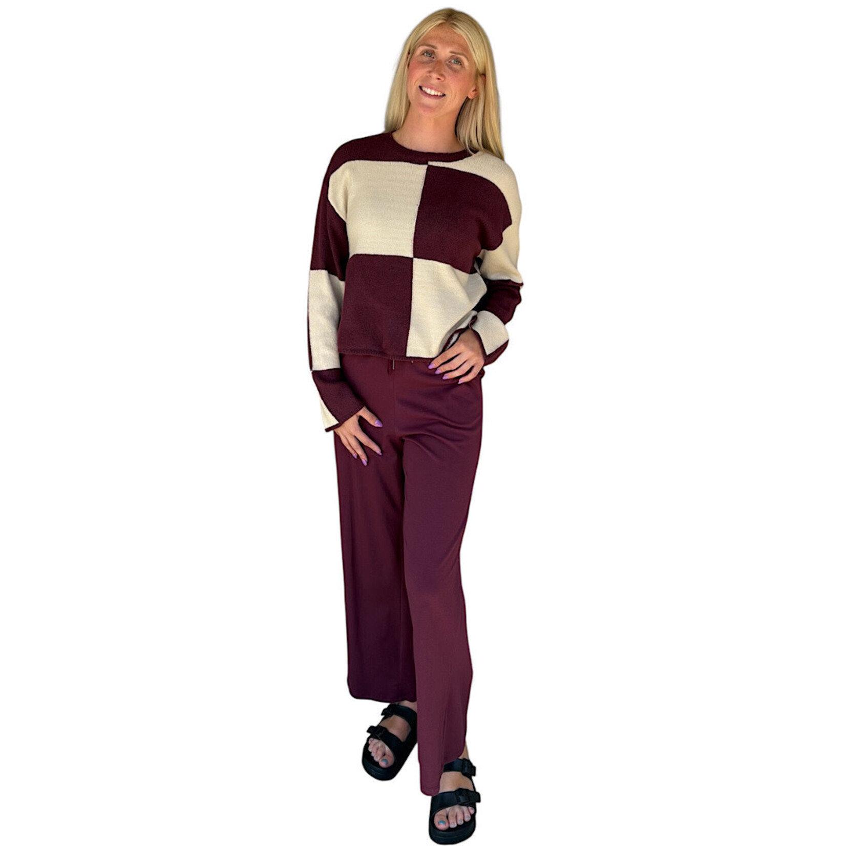 Dark Cherry/Alpaca Oversized Checkered Sweater