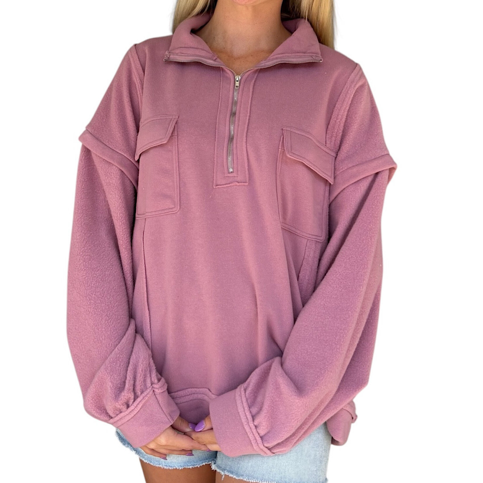 Curvy Mauve Mock Neck Quarter Zip Sweatshirt