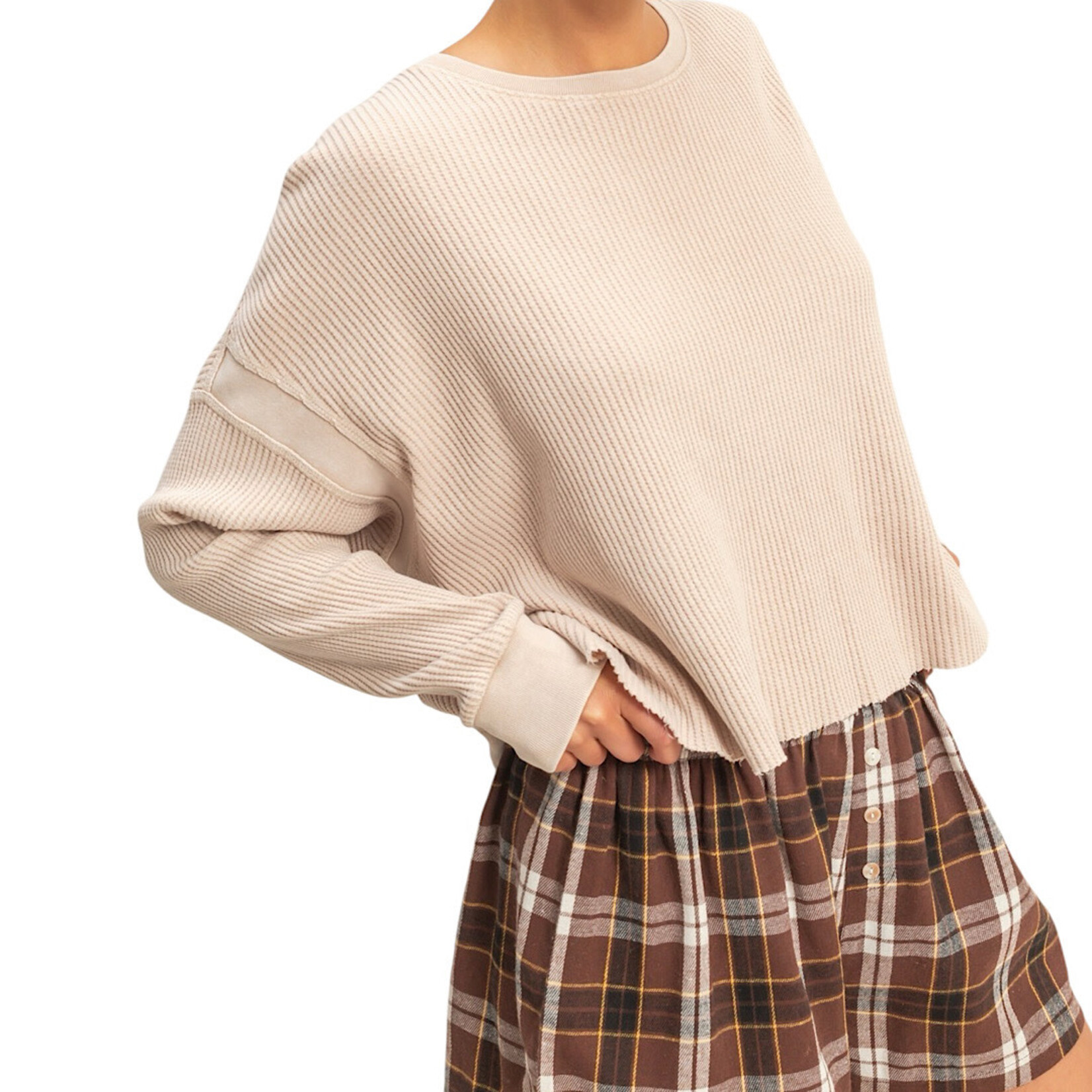 Dark Taupe Open Back Textured Knit Long Sleeve Top
