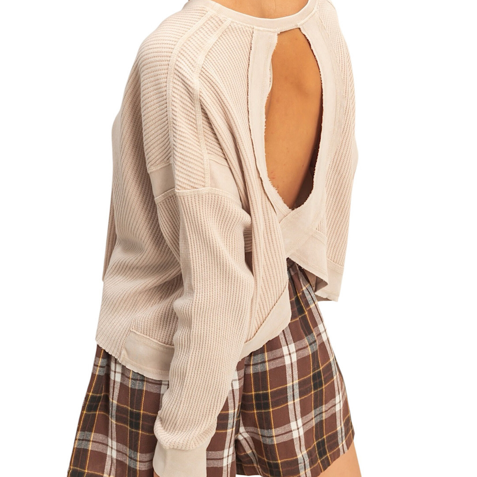 Dark Taupe Open Back Textured Knit Long Sleeve Top